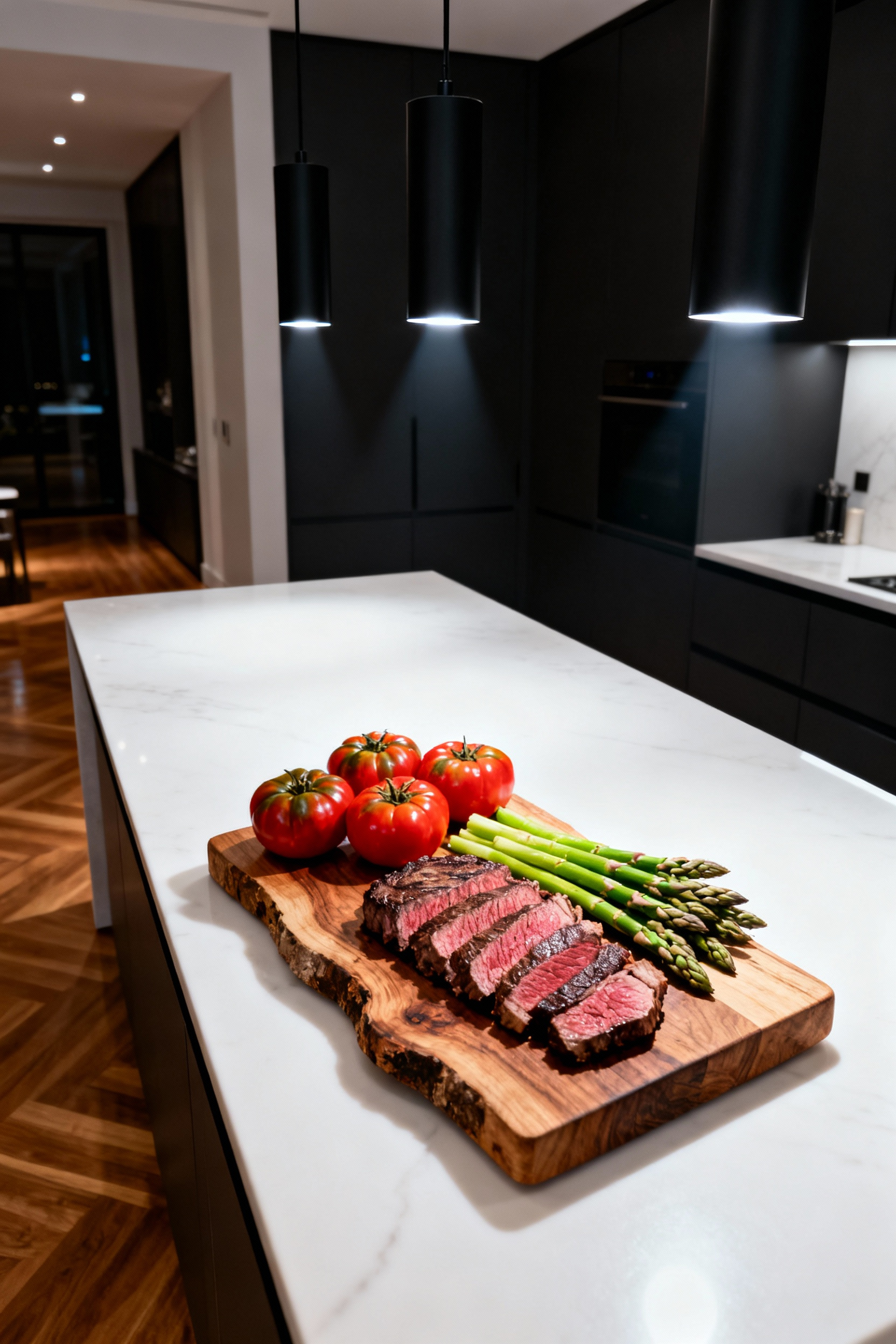 Vibrant display of steak, tomatoes, and asparagus on a modern kitchen island illuminated by overhead pendant lights emphasizing the effect of high Color Rendering Index (CRI 90+) on food presentation.