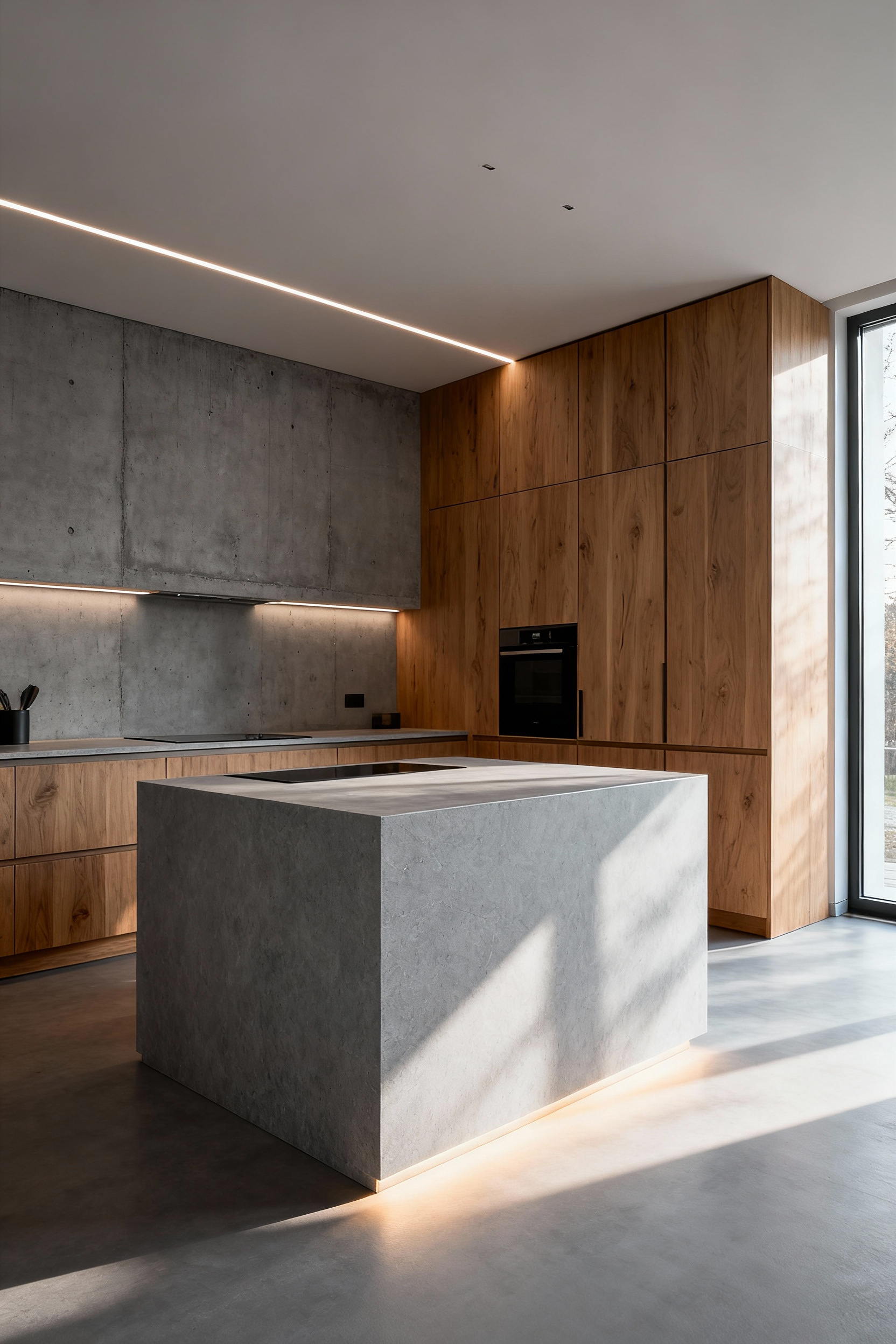 Scandinavian kitchen featuring a honed light grey stone island countertop, raw concrete backsplash, and natural ash wood cabinetry under soft LED lighting.