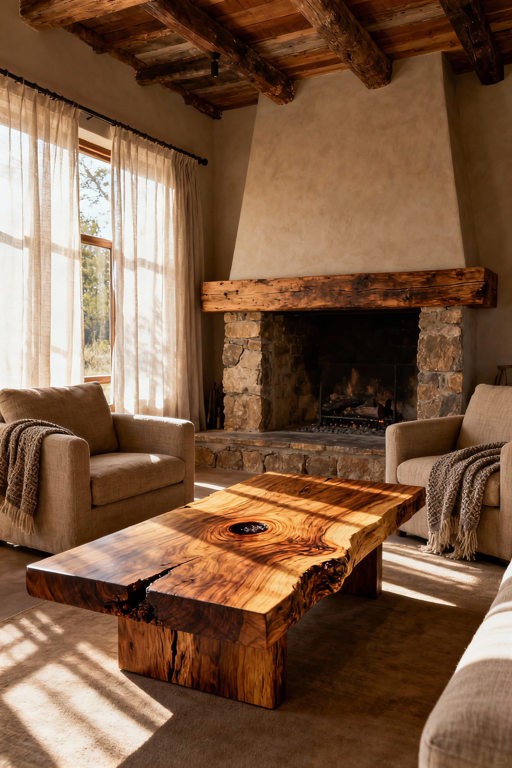 Rustic living room with a prominent indigenous timber coffee table showcasing its natural grain, knots, and live edge, surrounded by cozy neutral furniture under warm natural light, celebrating organic imperfection.