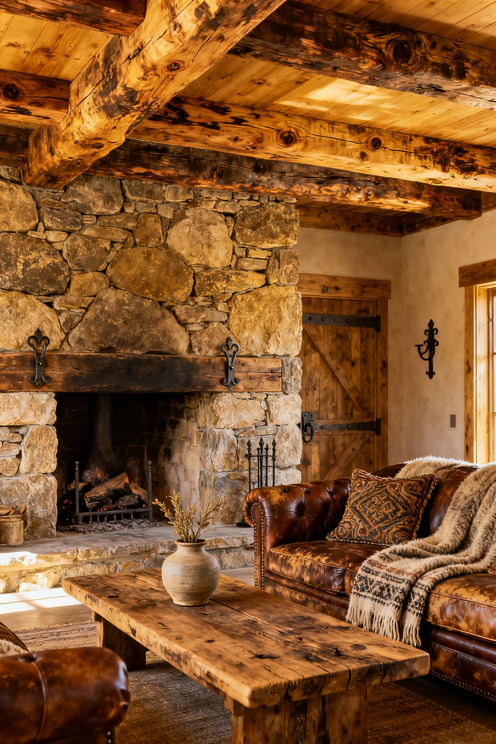 Rustic living room showcasing inherited temporal depth with reclaimed timber beams, a stone fireplace, and an aged leather sofa under soft natural light.