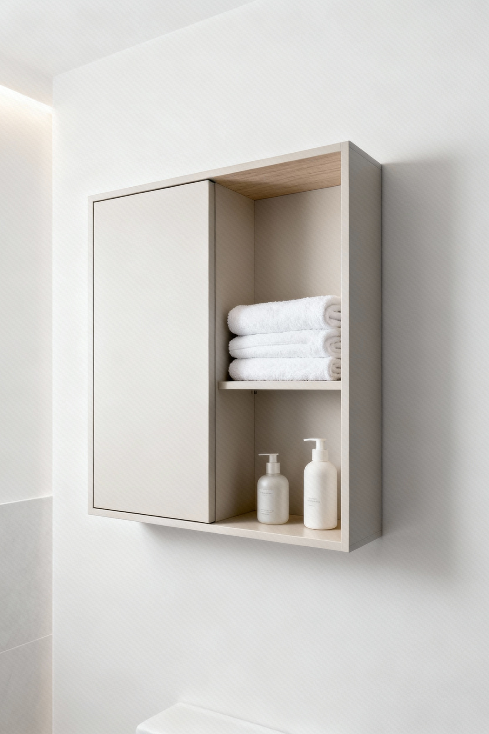 A small, modern bathroom featuring a seamlessly integrated, flush-mounted wall cabinet built into a wall cavity, filled with neatly folded towels and elegant toiletries. Highlights clever hidden storage.