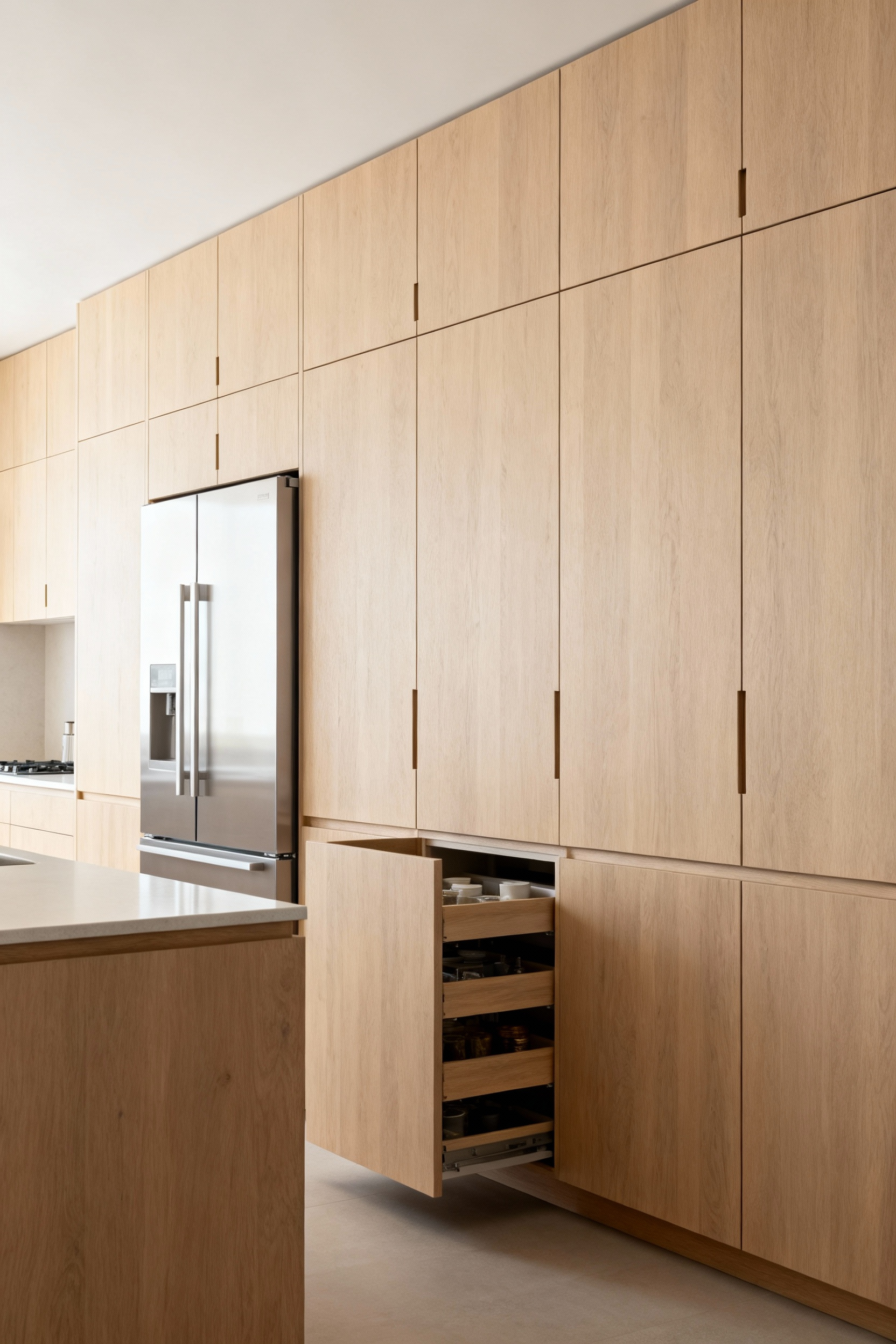 A bright, minimalist Scandinavian kitchen featuring a continuous wall of floor-to-ceiling light ash wood cabinetry with fully integrated, handle-free storage and concealed appliances, leading to an impeccably clean and pristine countertop. No visible clutter.