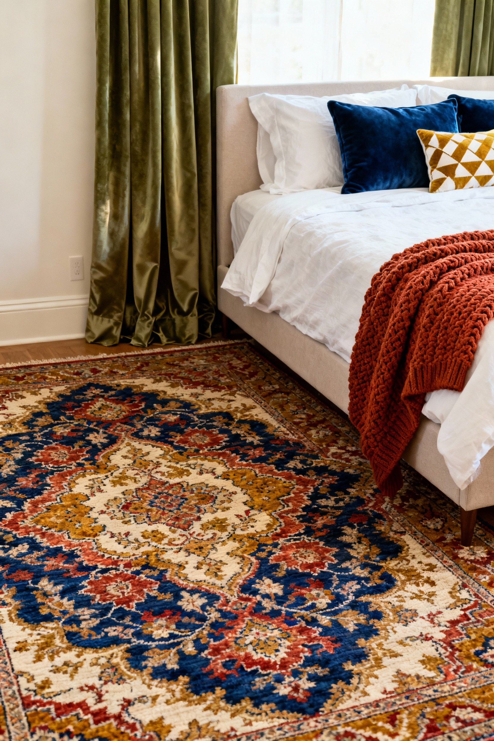A sophisticated bedroom design anchored by a large, intricate vintage Persian rug featuring sapphire and terracotta tones, with bedding and drapes intentionally coordinating colors pulled directly from the rug.