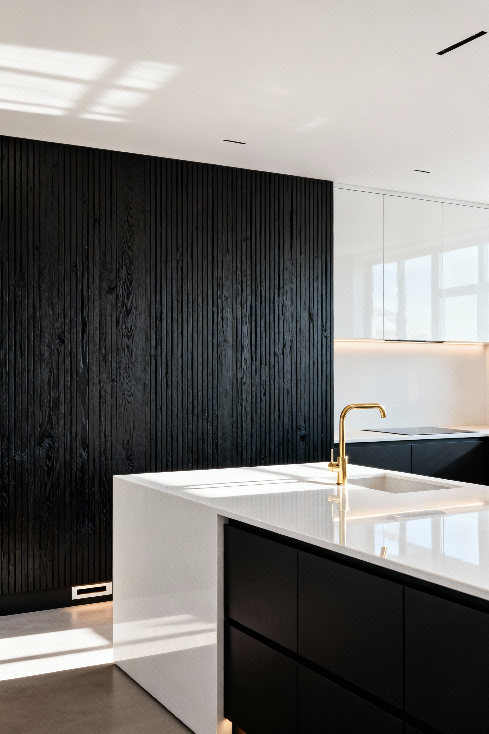 A luxury modern kitchen showcasing advanced material contrast, featuring a rough, dark hand-painted oak feature wall set against a sleek, polished white Silestone kitchen island under dramatic lighting.