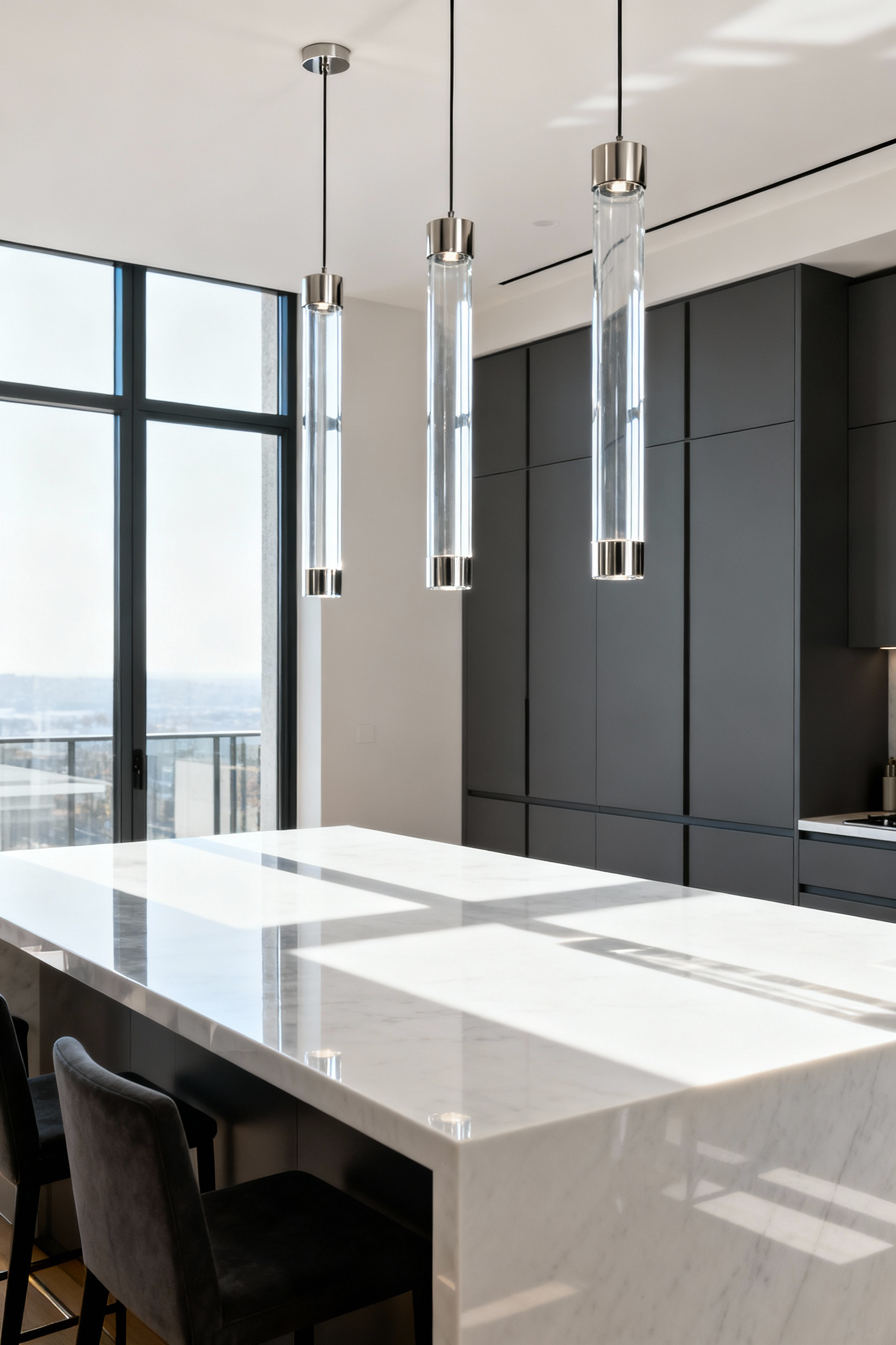 Three sleek, cylindrical clear glass and brushed nickel pendant lights hanging over a modern kitchen island, illustrating easy-to-clean, non-porous lighting fixtures designed to resist kitchen grease and dust.