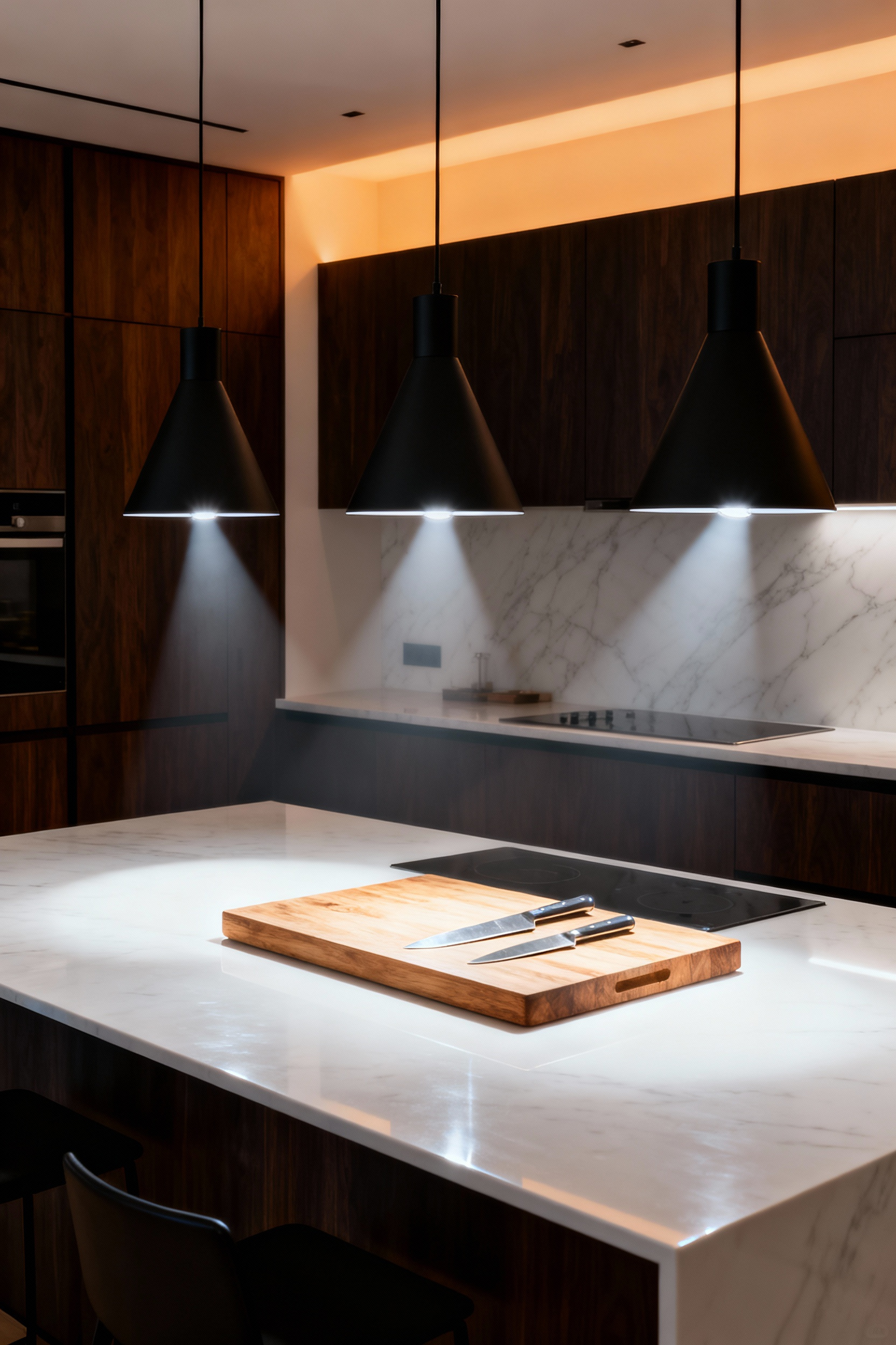 A modern kitchen island brightly illuminated by three pendant task lights demonstrating high lumen output for optimal food preparation visibility on a white quartz countertop.