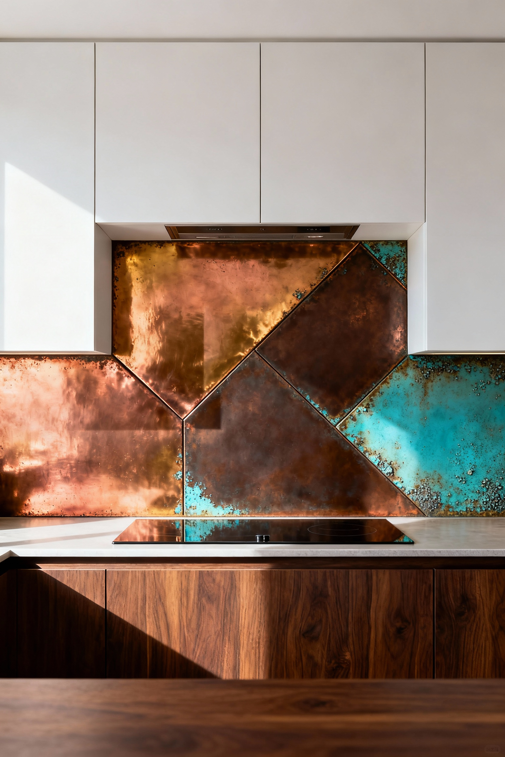 A modern kitchen wall featuring decorative copper panels that illustrate the three stages of oxidation: bright reddish-gold, deep brown, and turquoise verdigris patina.
