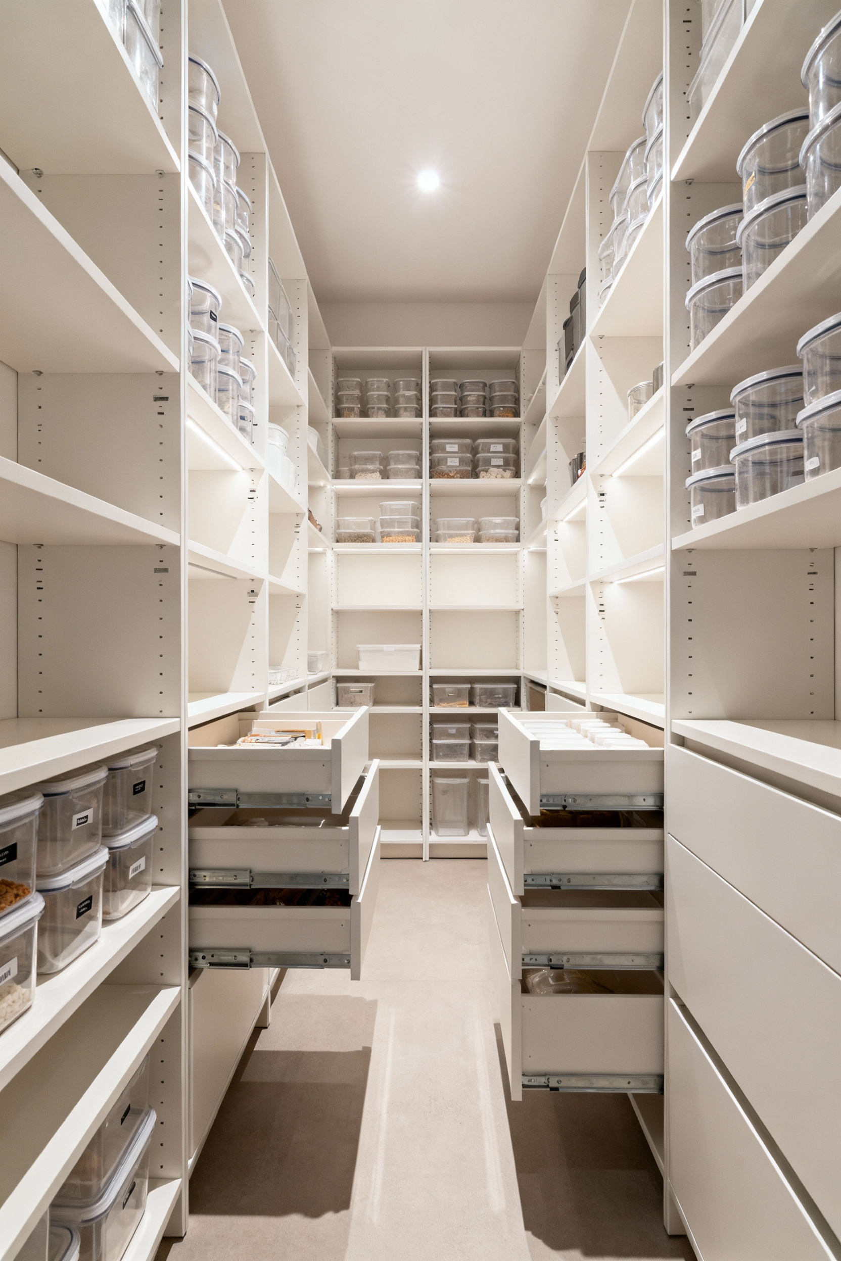 A pristine, modern kitchen pantry with adaptable, modular shelving and clear stackable bins, illustrating a strategic kitchen storage master plan for future needs.
