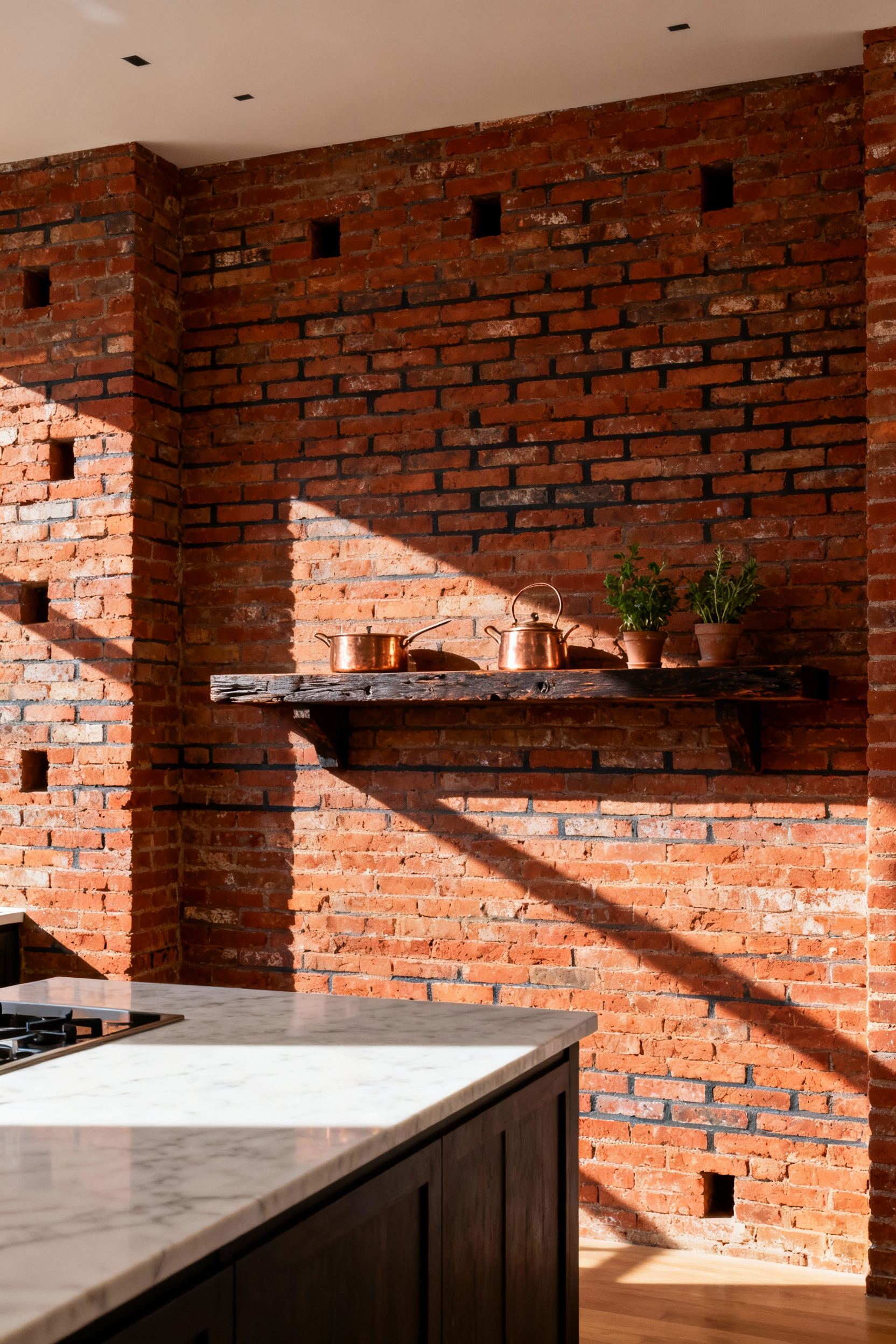 A modern kitchen with a large, textured structural brick veneer accent wall anchored by a dark reclaimed wood floating shelf, illuminated by warm afternoon light.