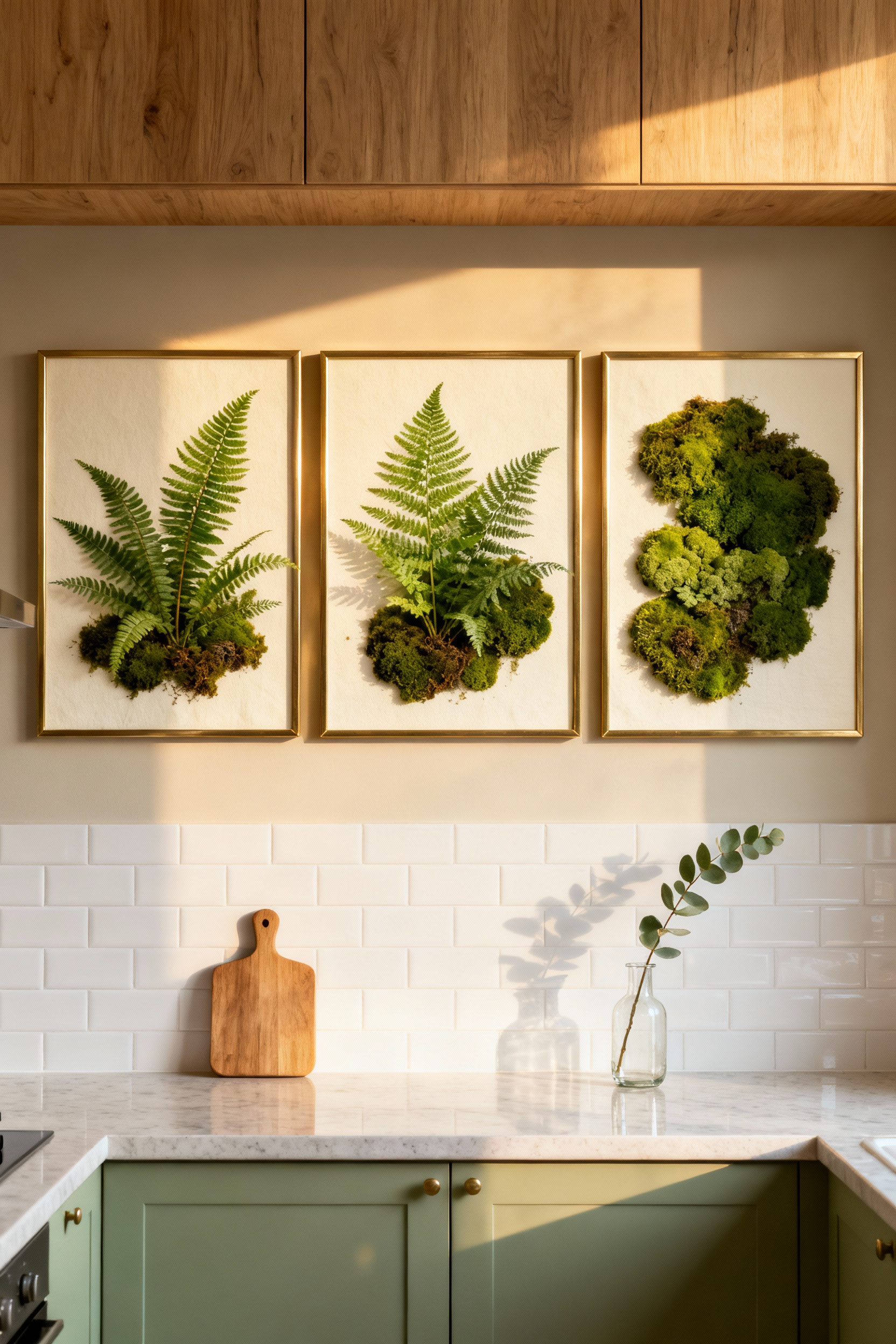 A bright, modern kitchen featuring three symmetrical framed green botanical prints mounted above a white tiled backsplash, showcasing biophilic wall decor ideas.