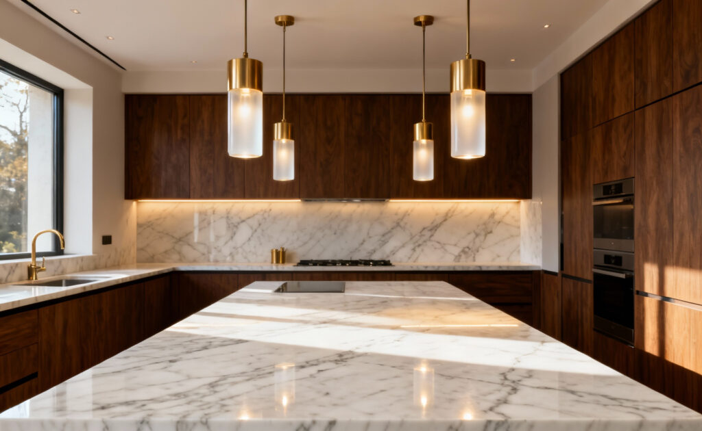 Architectural photography showing three cylindrical brass and frosted glass pendant lights perfectly spaced over a long white marble kitchen island, illustrating proportional fixture placement with a defined inset from the edges.