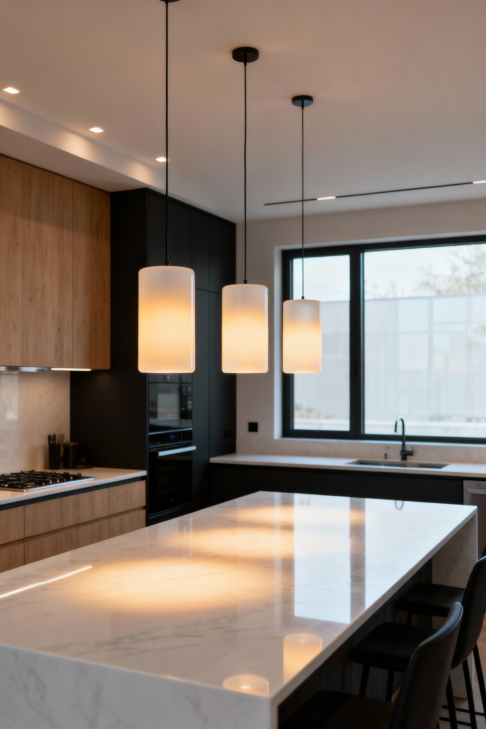 A full-scene photo of a modern kitchen island lit by three opal frosted glass pendant lights, demonstrating how diffused shades scatter light evenly to prevent harsh glare on the polished white quartz countertop.