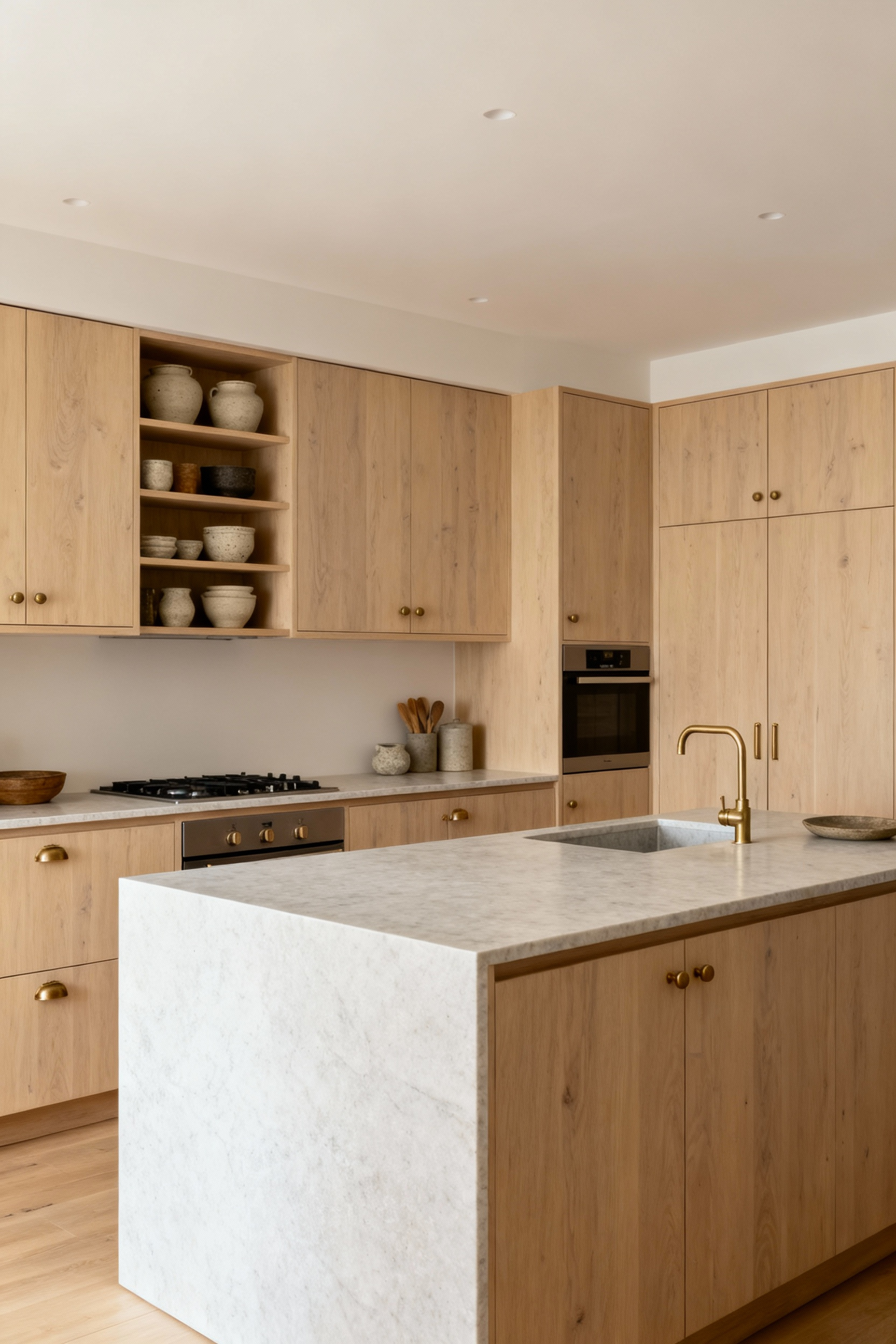 Scandinavian kitchen with Lagom design proportions, featuring blonde wood cabinets, honed quartzite island, and patinated brass accents, bathed in natural light, showcasing balanced and harmonious interior design.