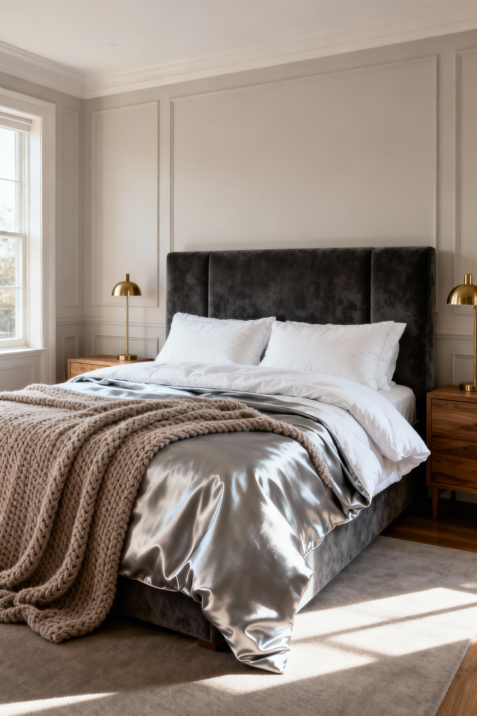 A wide-angle view of a luxurious bedroom where the white duvet is turned down using the fold-down technique, revealing layered sheets and blankets, signifying invitation and depth.