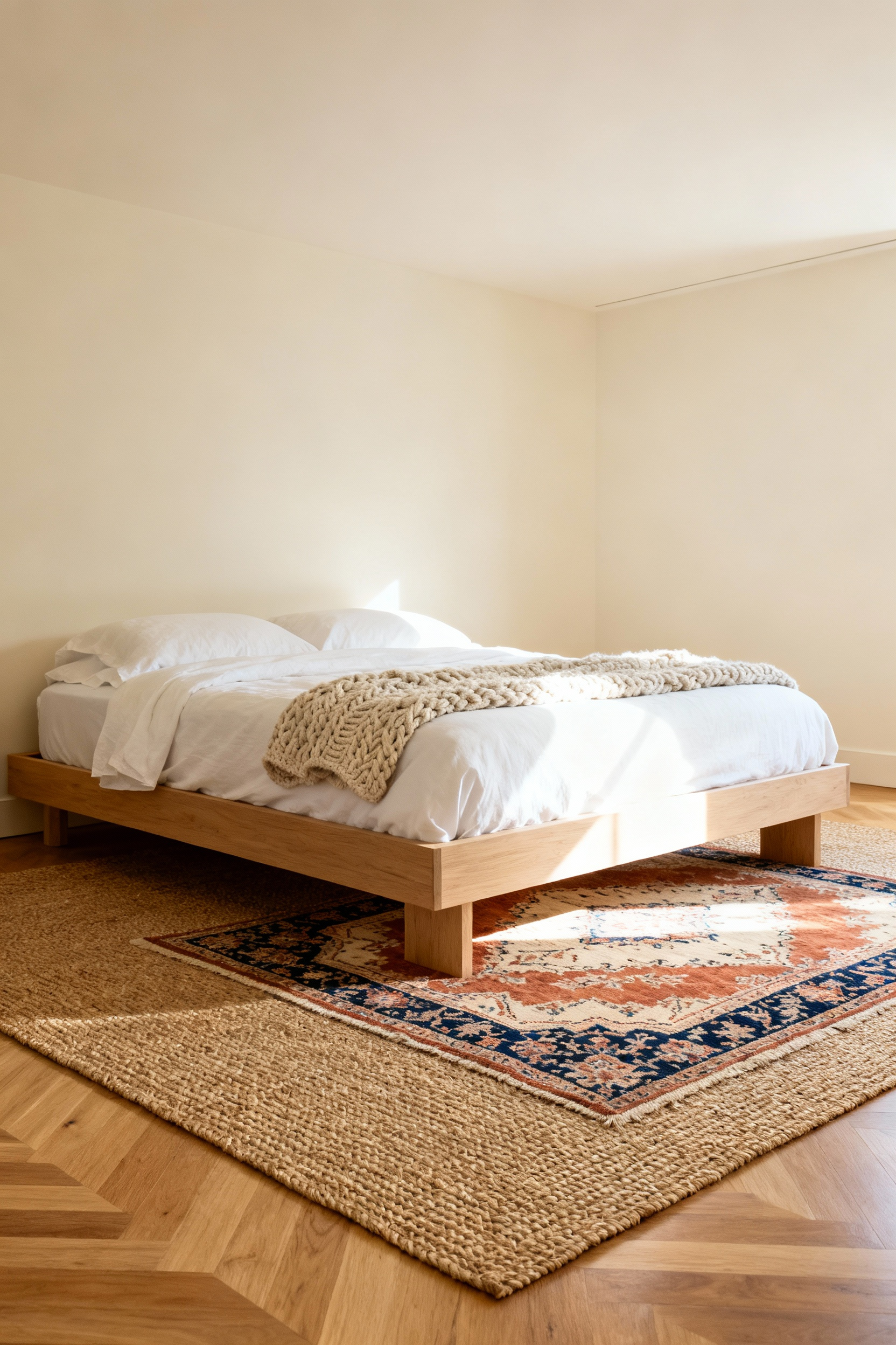 Layered bedroom rugs featuring a large jute rug beneath a vintage Persian rug, demonstrating the 18-inch rule for proper bedroom rug sizing and scale.