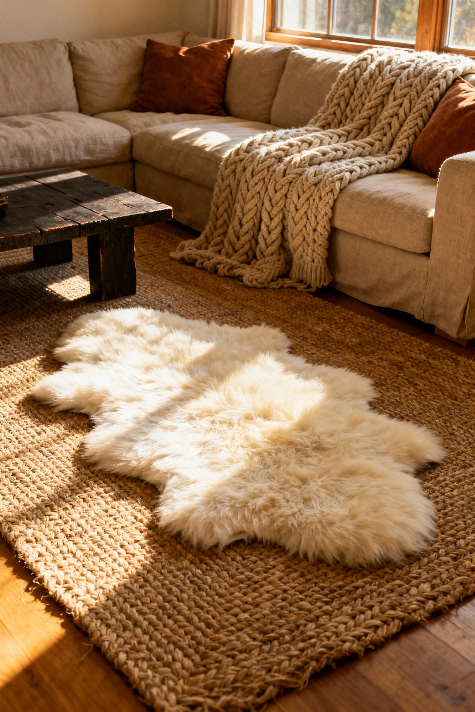 Detailed photograph of a cozy living room featuring a large natural sisal rug layered with a plush creamy white sheepskin hide, emphasizing textural contrast and warmth.