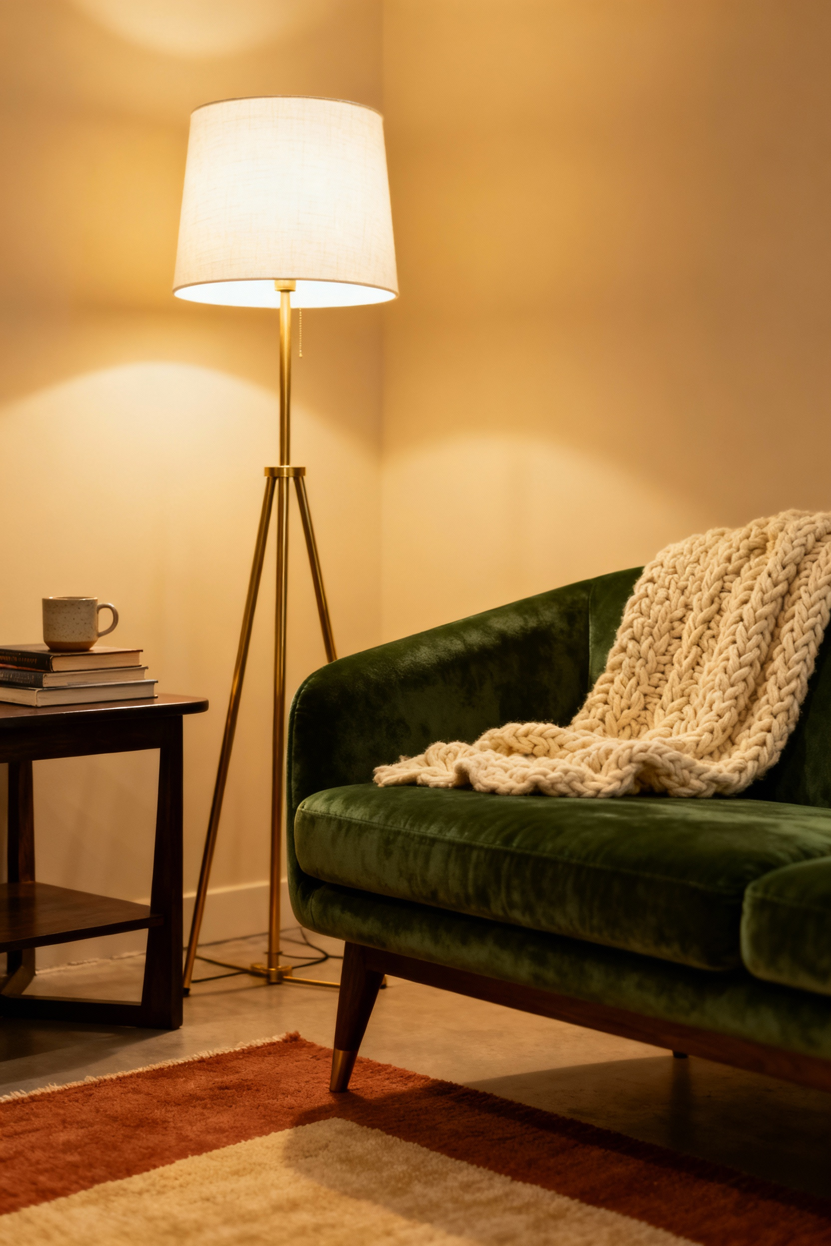 A photograph of a cozy apartment living room illuminated only by warm, golden-toned floor lamps with fabric shades, demonstrating layered lighting that creates depth and eliminates harsh overhead sterility.