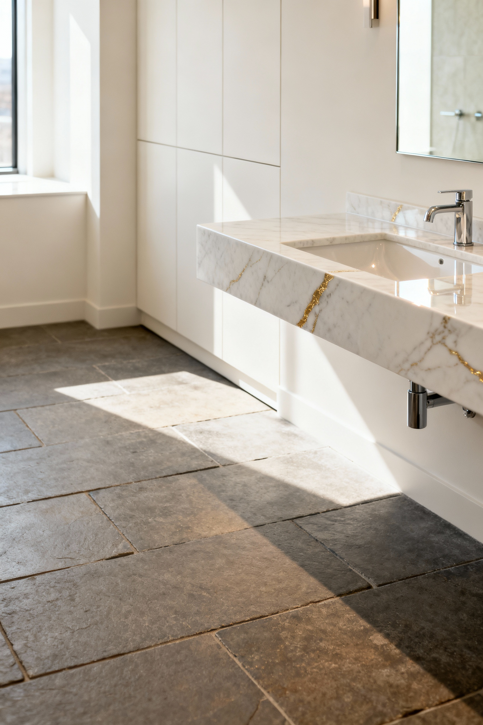 Detailed view of a contemporary bathroom showcasing the contrast between light-diffusing matte honed stone flooring and light-reflecting high-gloss polished marble vanity countertops.