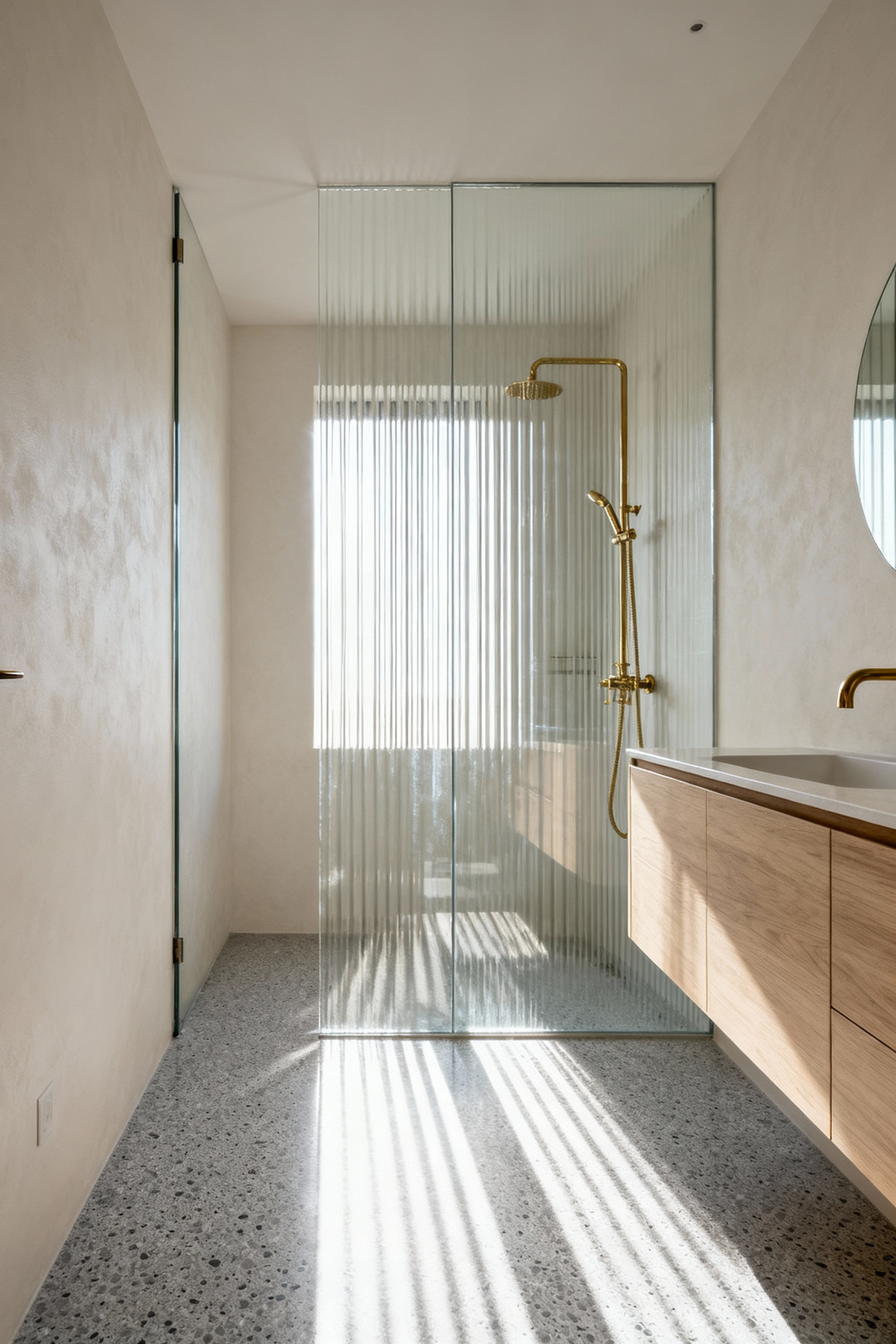 A compact modern bathroom featuring a vertical fluted glass partition separating the shower area, showcasing how the diffused light maintains spatial openness. Brushed brass fixtures and marble accents complement the Art Deco inspired texture.