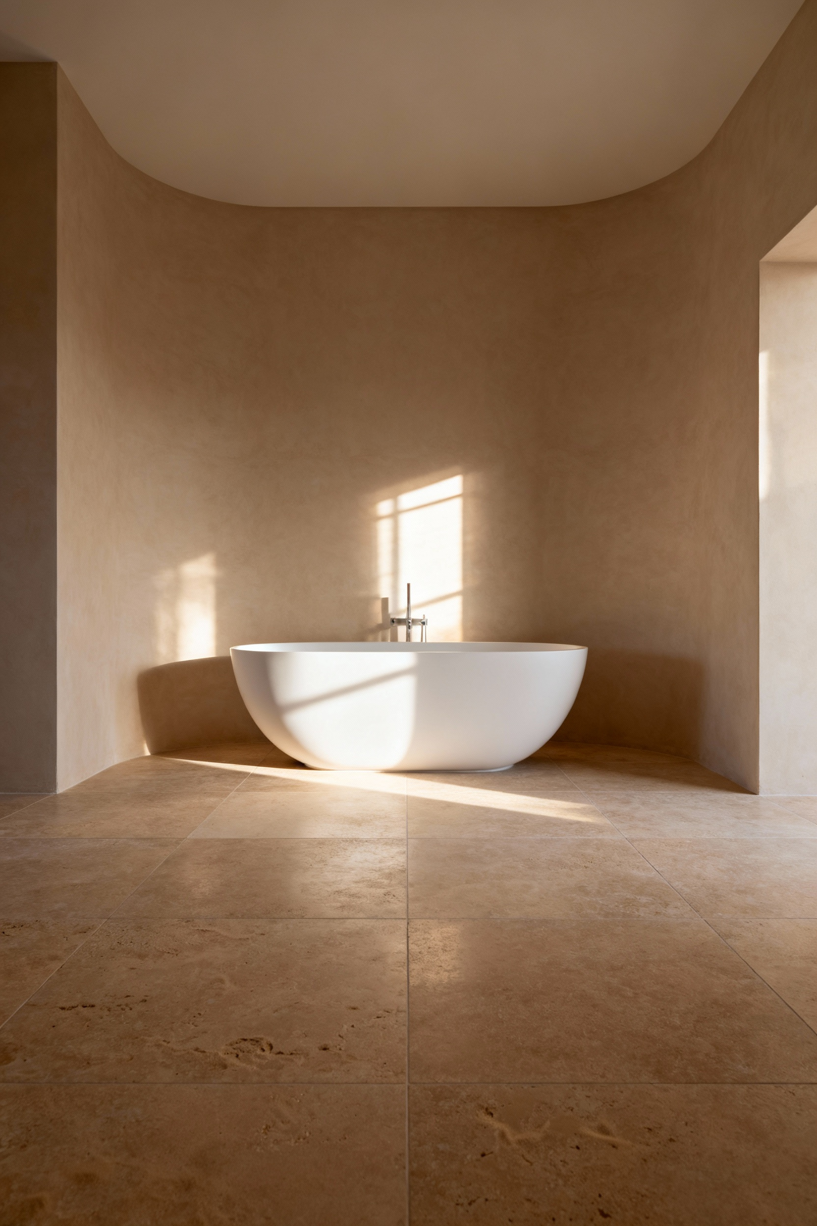 Expansive, warm taupe brushed limestone flooring setting a serene tone in a high-end spa bathroom with a minimalist freestanding tub, emphasizing texture and sensory quality.