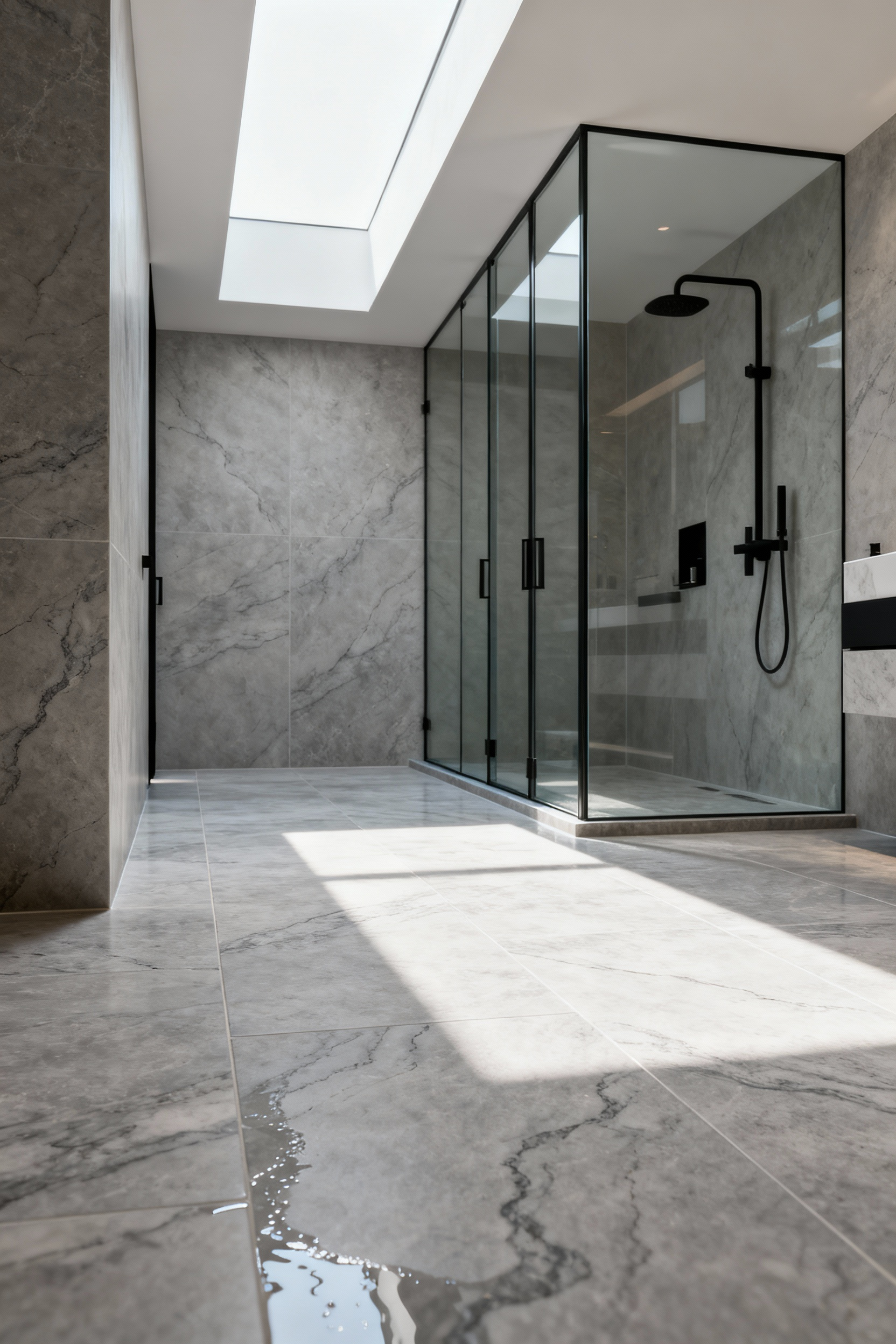 Seamless luxury bathroom flooring made of high-density porcelain tiles replicating the organic grain of honed taupe limestone in a walk-in shower setting.