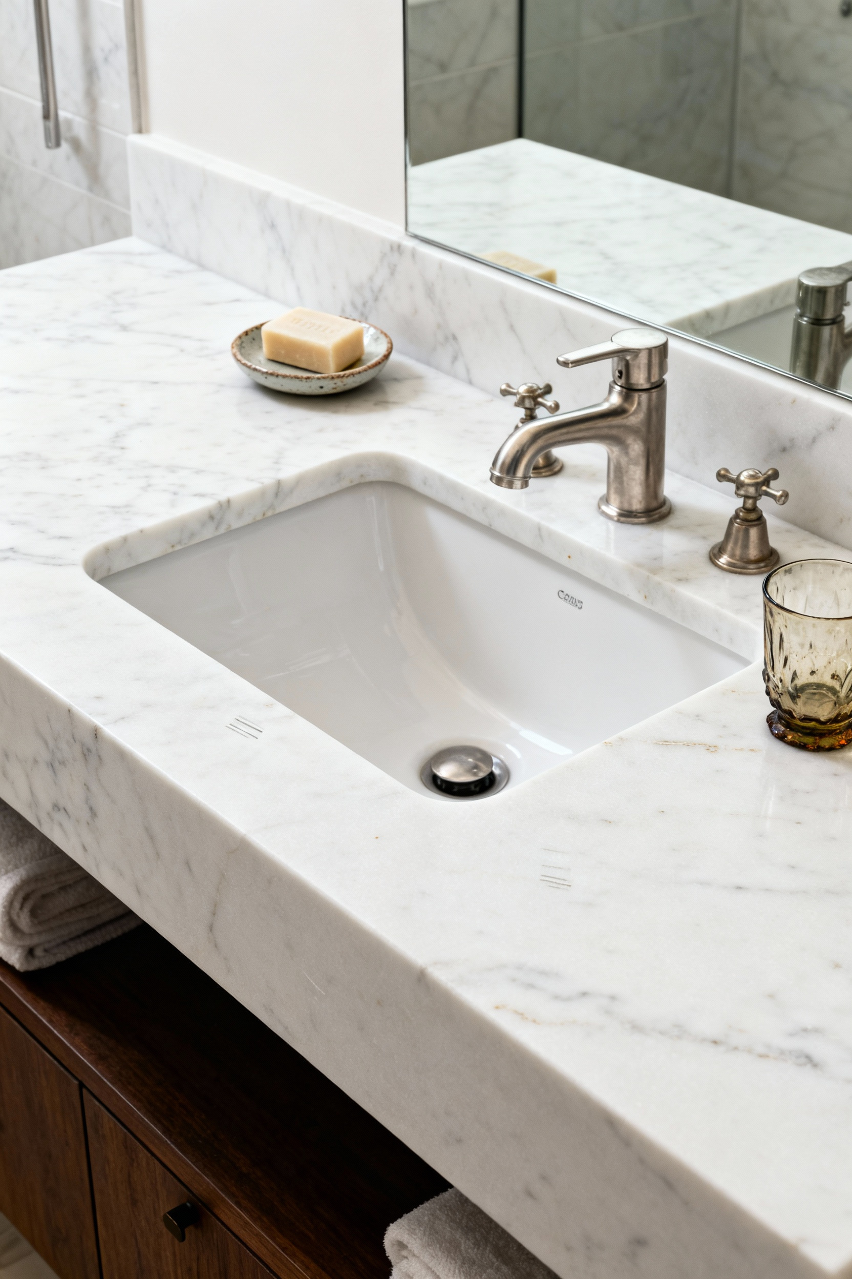 A photograph showing a Calacatta marble bathroom vanity countertop displaying a soft, satiny living finish and subtle patina from daily use.
