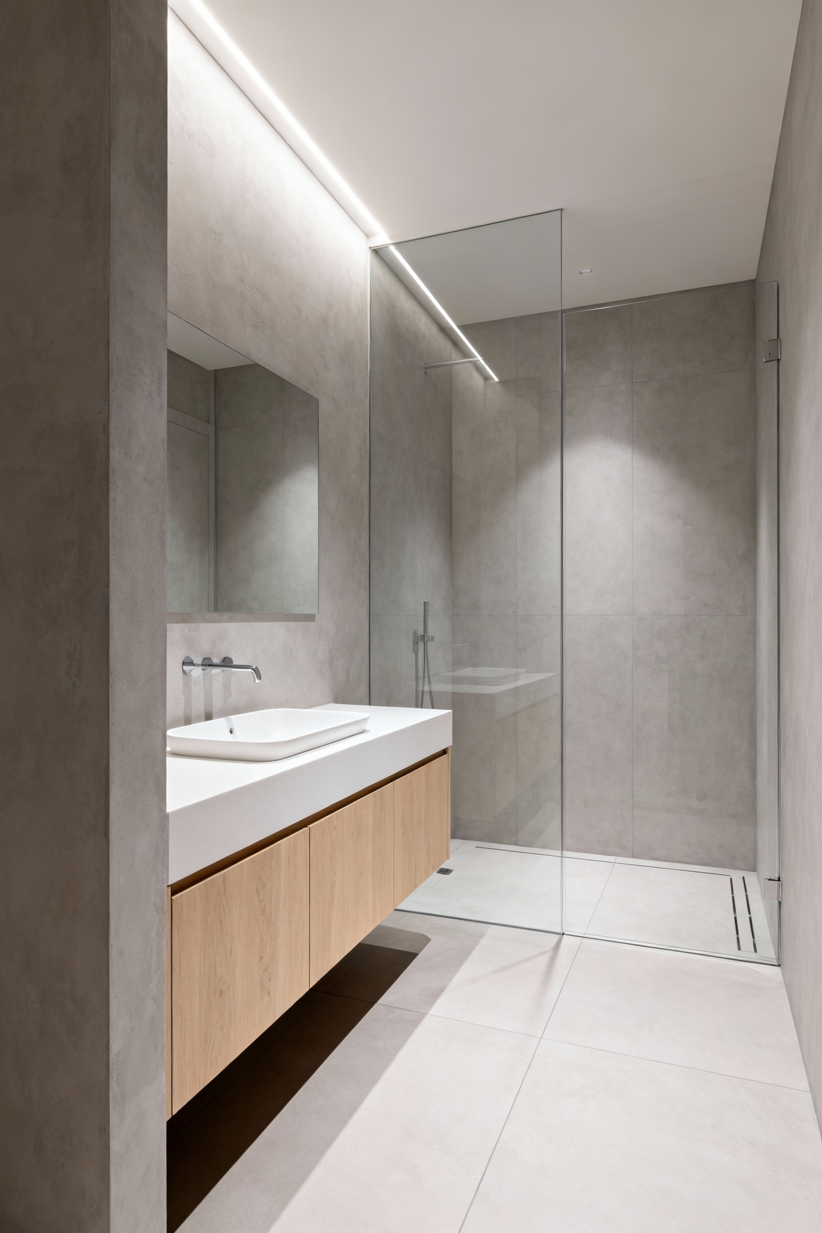 A pristine, minimalist bathroom with a restricted palette of light gray, white, and natural oak. The design emphasizes uninterrupted lines with a wall-hung vanity, integrated basin, and frameless shower, creating a serene and orderly atmosphere.
