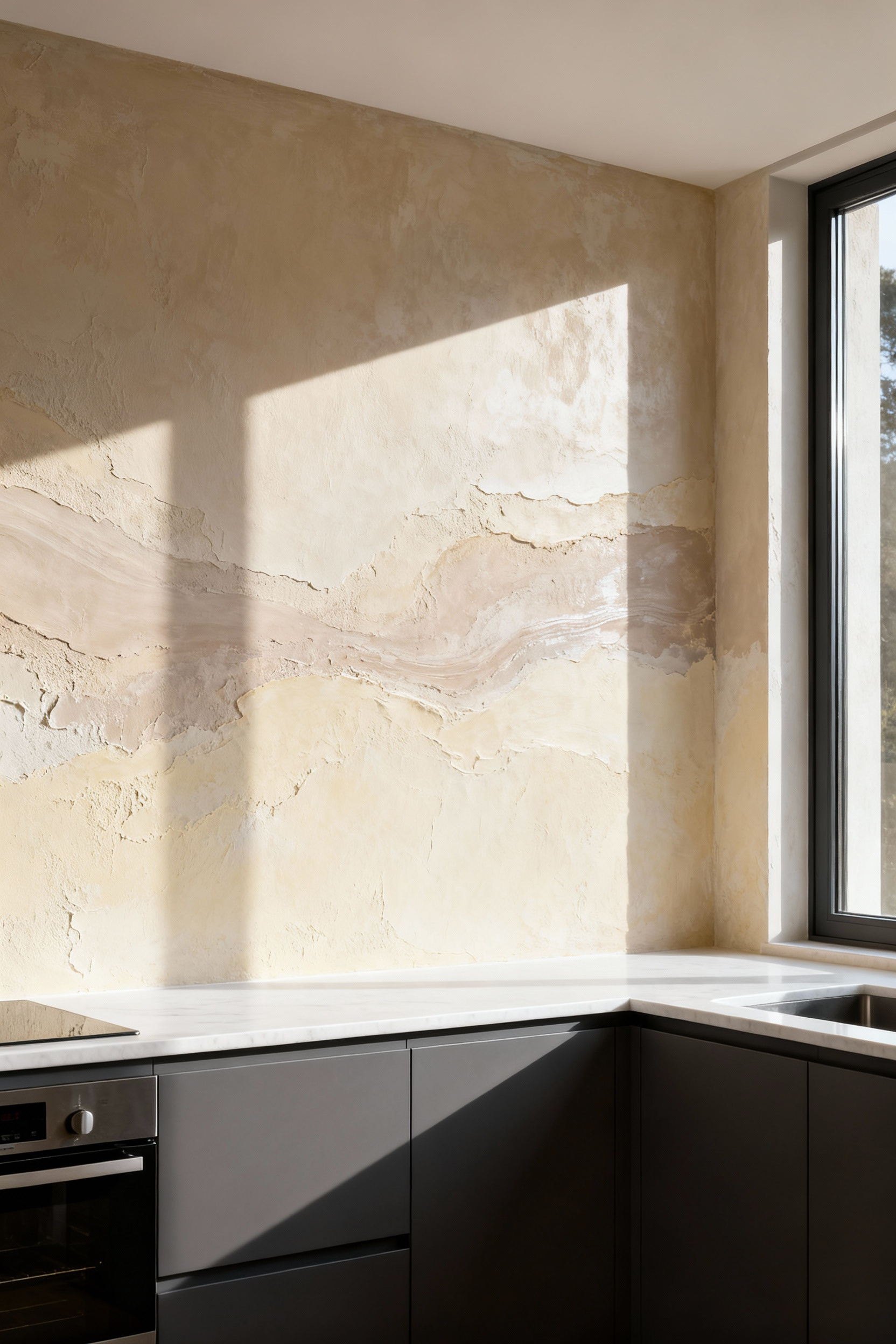 A modern kitchen featuring a dynamic, textured accent wall finished in pale taupe Venetian Plaster, contrasting with sleek dark gray cabinetry.