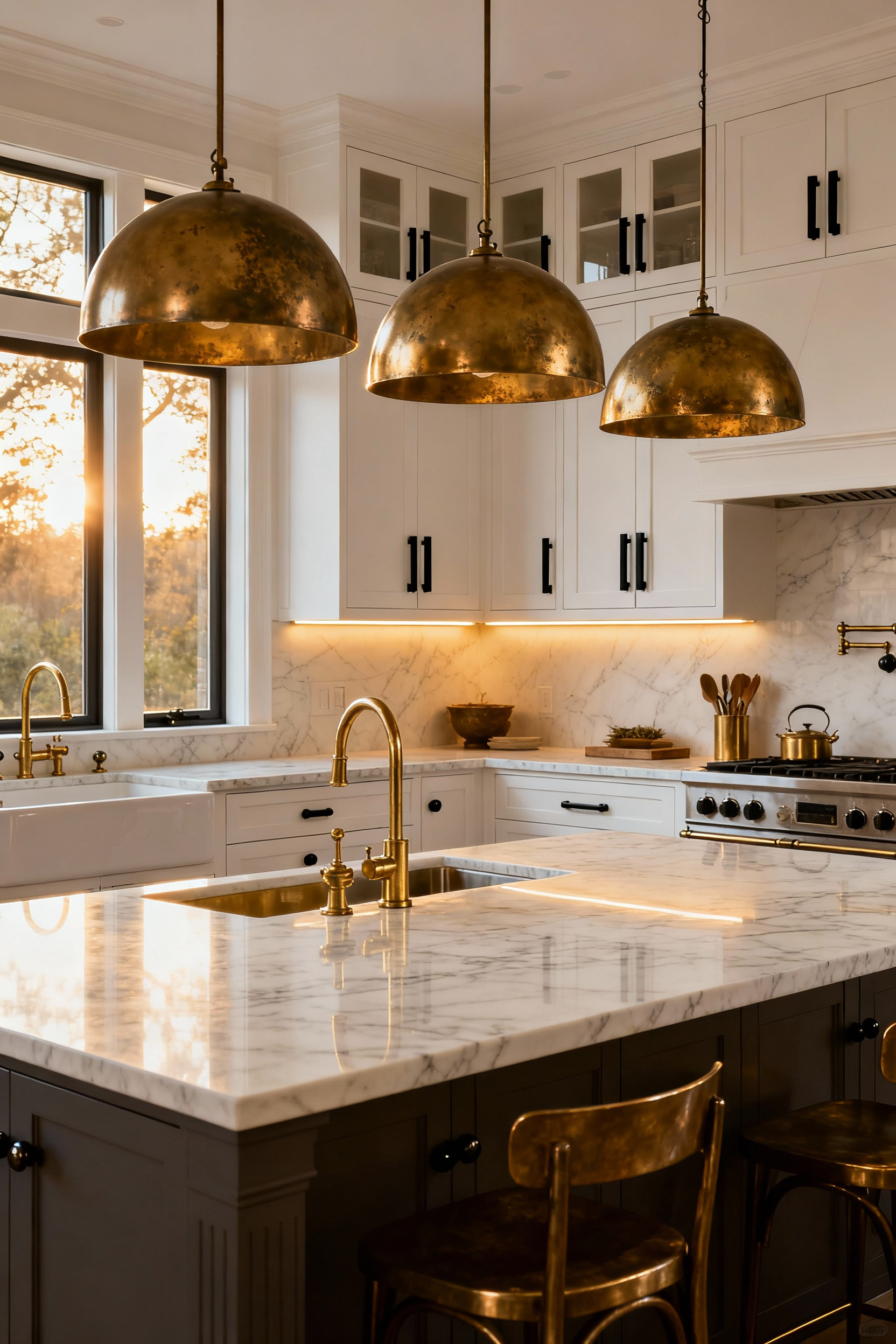 Wide view of a modern kitchen island featuring three aged brass pendant lights contrasted intentionally with matte black cabinet hardware on white shaker cabinets, illustrating finish coordination.