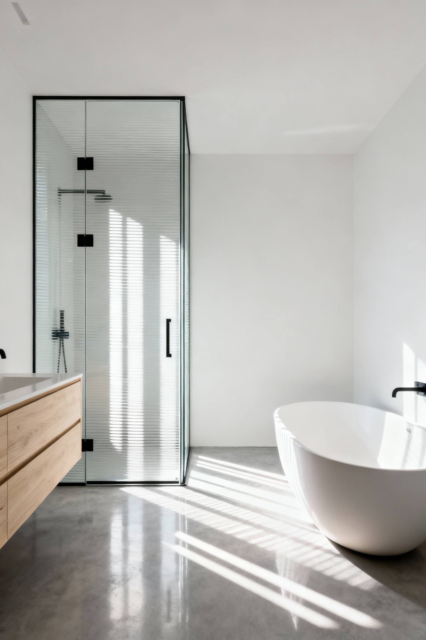 A bright modern bathroom featuring a walk-in shower enclosed by reeded glass panels, showing how the fluted texture refracts strong natural light into soft, vertical glowing stripes across the concrete floor.