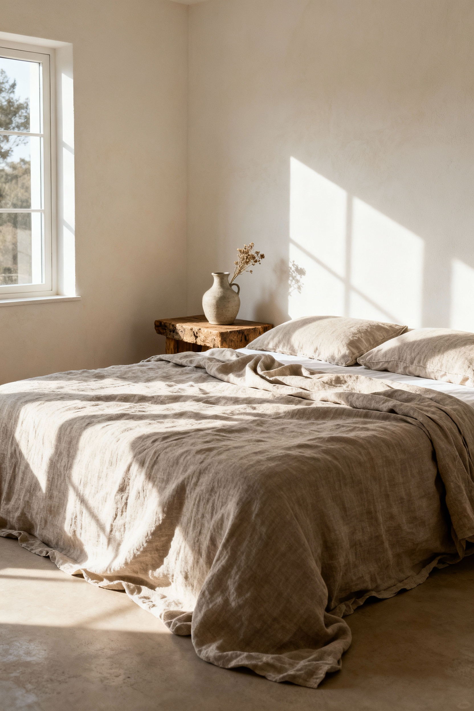 A wide photograph of a serene bedroom featuring a king bed dressed in natural flax linen bedding, highlighting its characteristic relaxed wrinkles and superior airy texture in soft morning light.