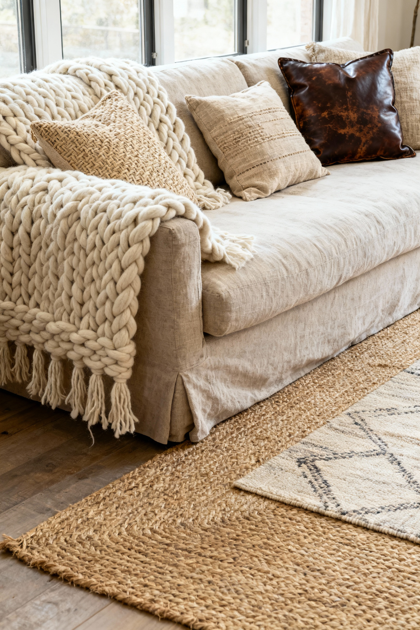 A rustic living room featuring a sofa richly layered with a chunky wool throw and textured linen cushions, on top of a jute area rug. The scene highlights the varied natural woven fibers and tactile comfort.