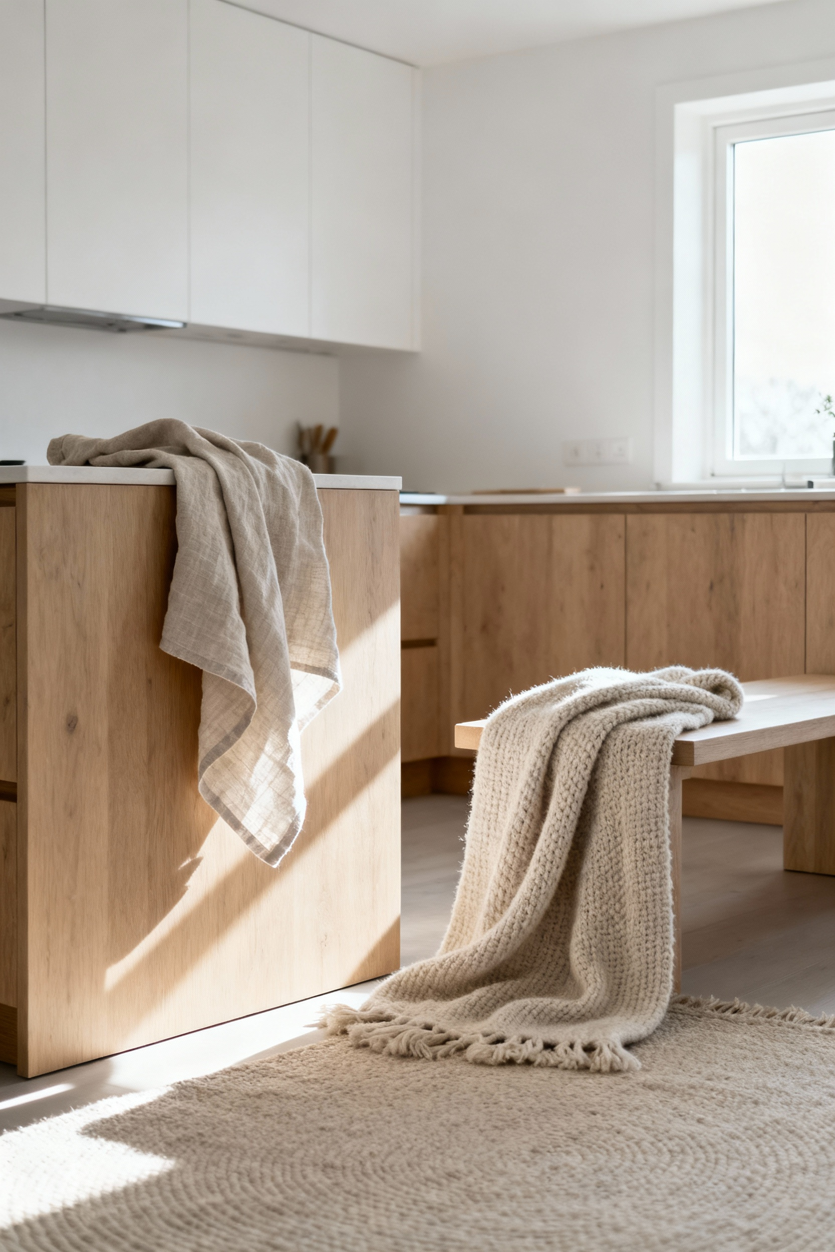 A Scandinavian kitchen featuring natural linen hand towels, a woven wool throw, and a textured cotton rug, enhancing organic softness and acoustic properties.