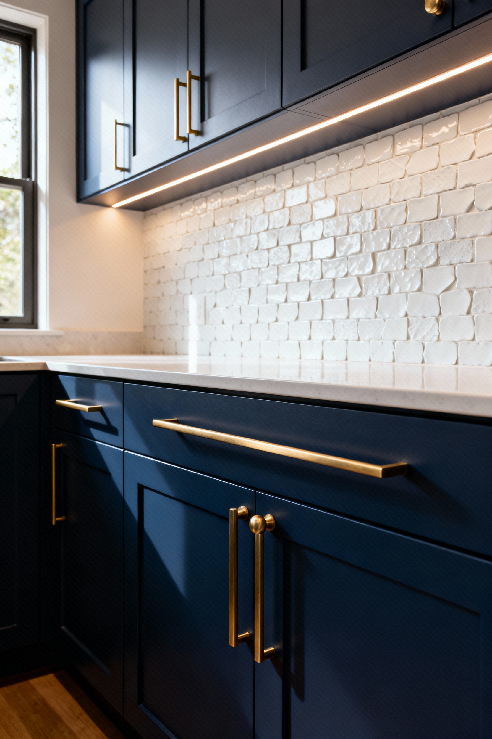 Luxurious kitchen design featuring deep navy cabinetry contrasted with satin brass pull handles and a white textured Zellige tile backsplash.