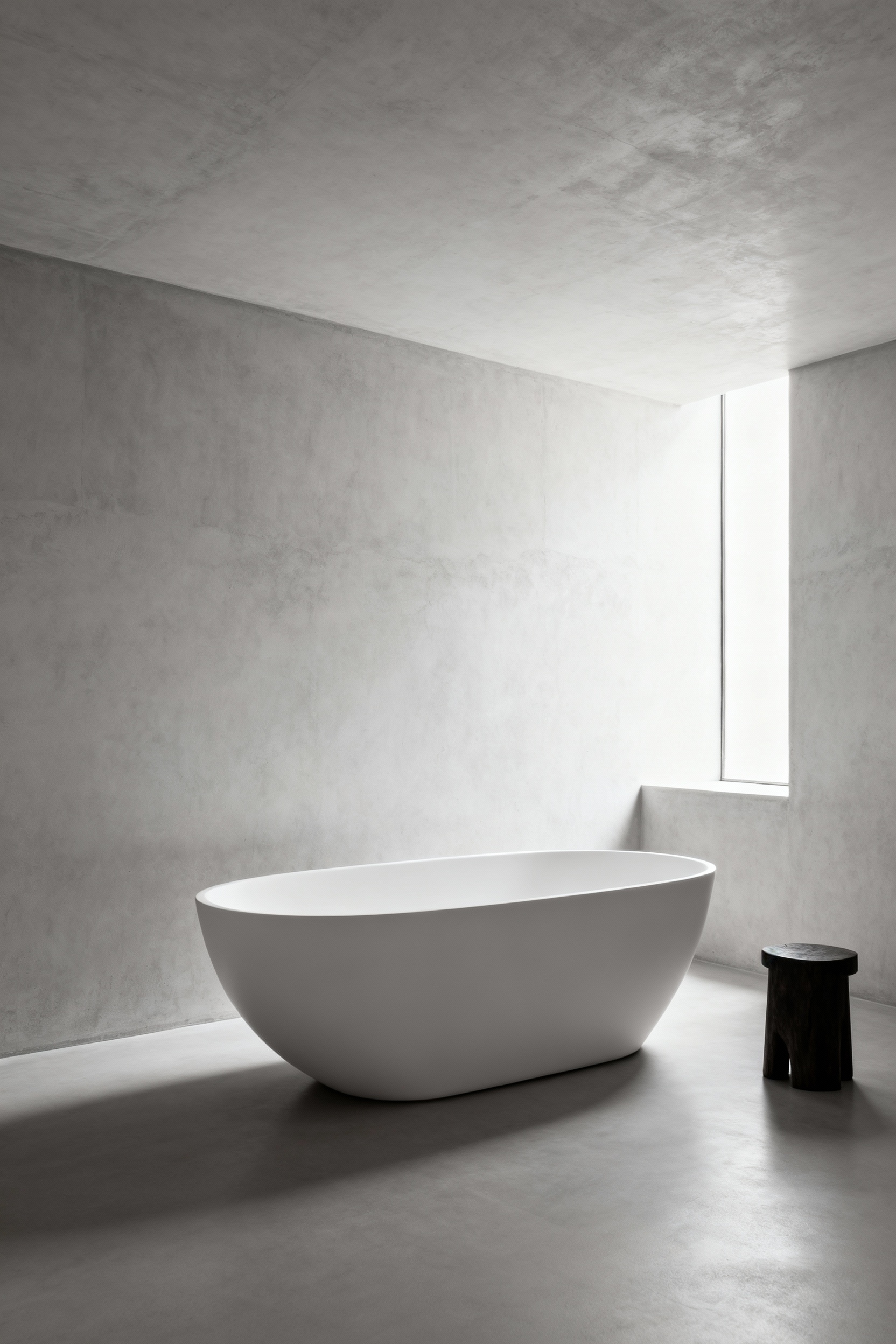 A minimalist bathroom with a pristine white freestanding bathtub against a vast, light concrete wall, emphasizing negative space and visual tranquility.