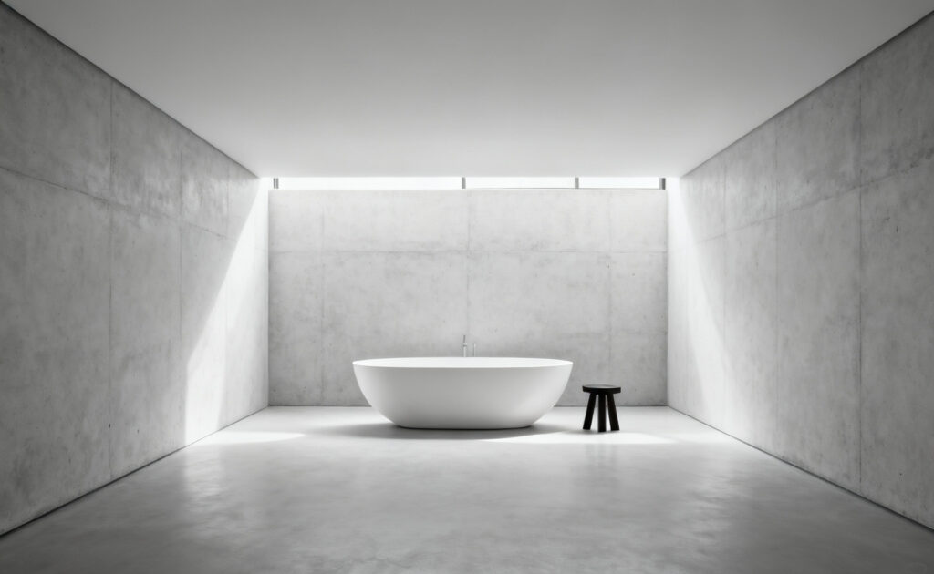 A minimalist bathroom with a pristine white freestanding bathtub against a vast, light concrete wall, emphasizing negative space and visual tranquility.