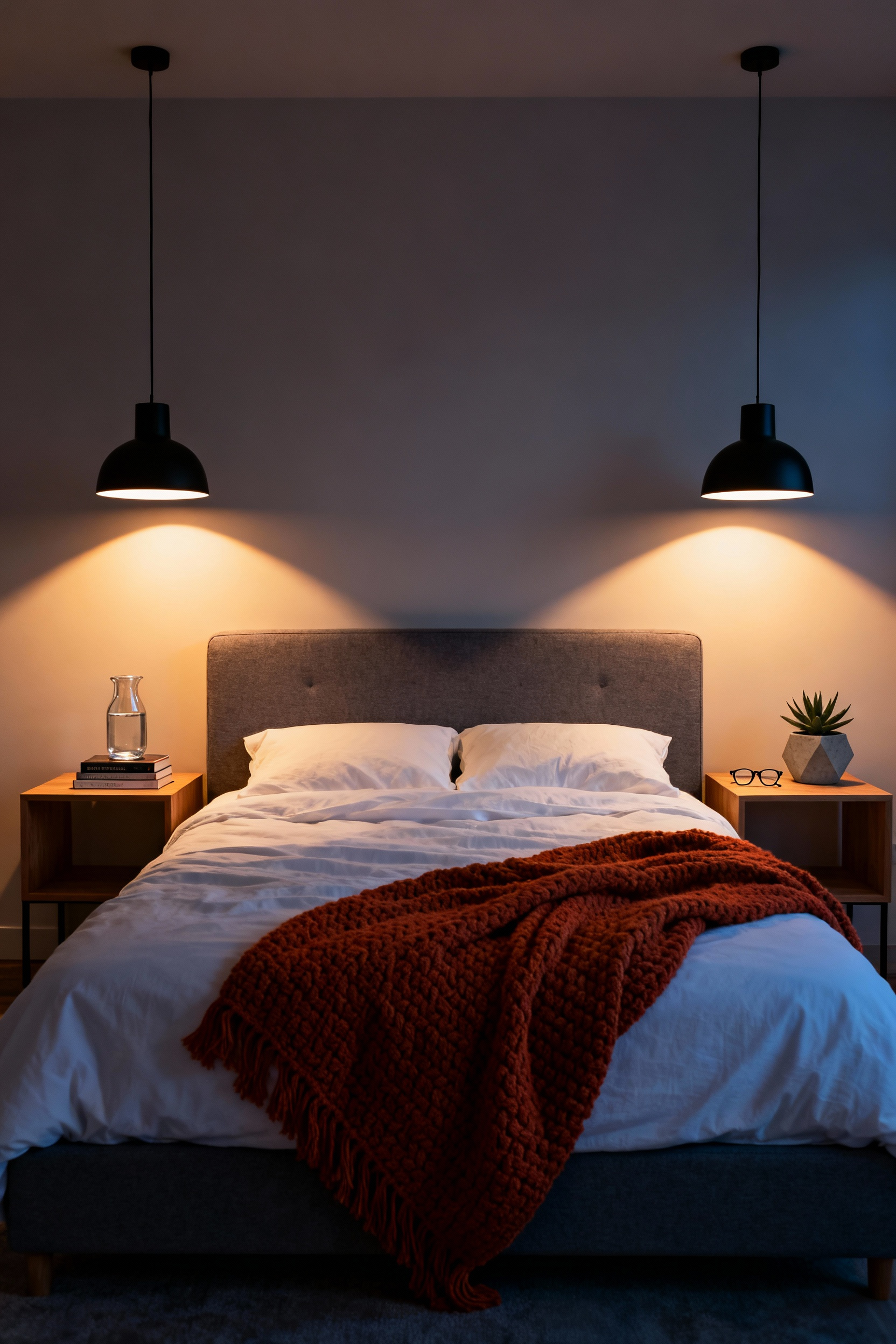 Modern bedroom interior featuring low-hanging matte black pendant lights positioned above uncluttered nightstands, showcasing effective space reclamation through vertical lighting.