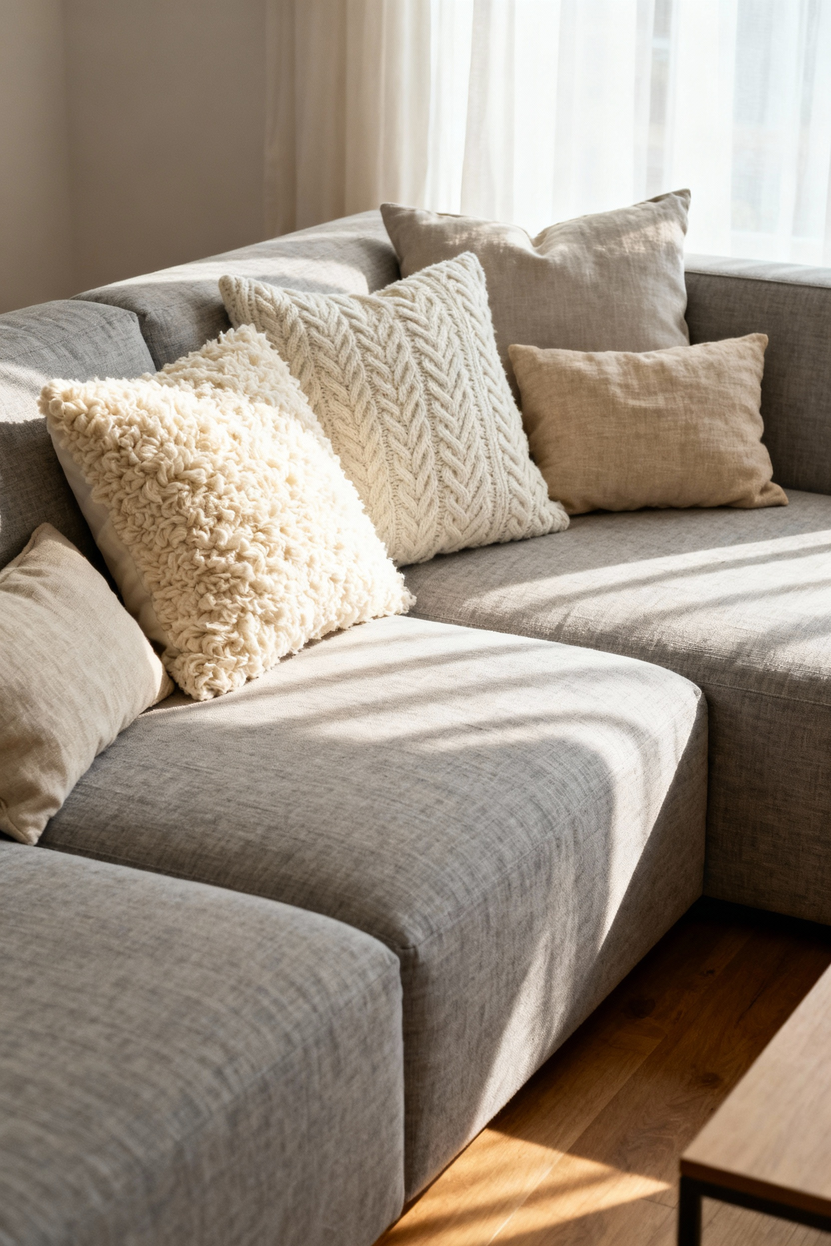 A sectional sofa in a small, cozy apartment featuring seven strategically arranged throw pillows showcasing varying textures like chunky bouclé and knitted wool to create visual intimacy.