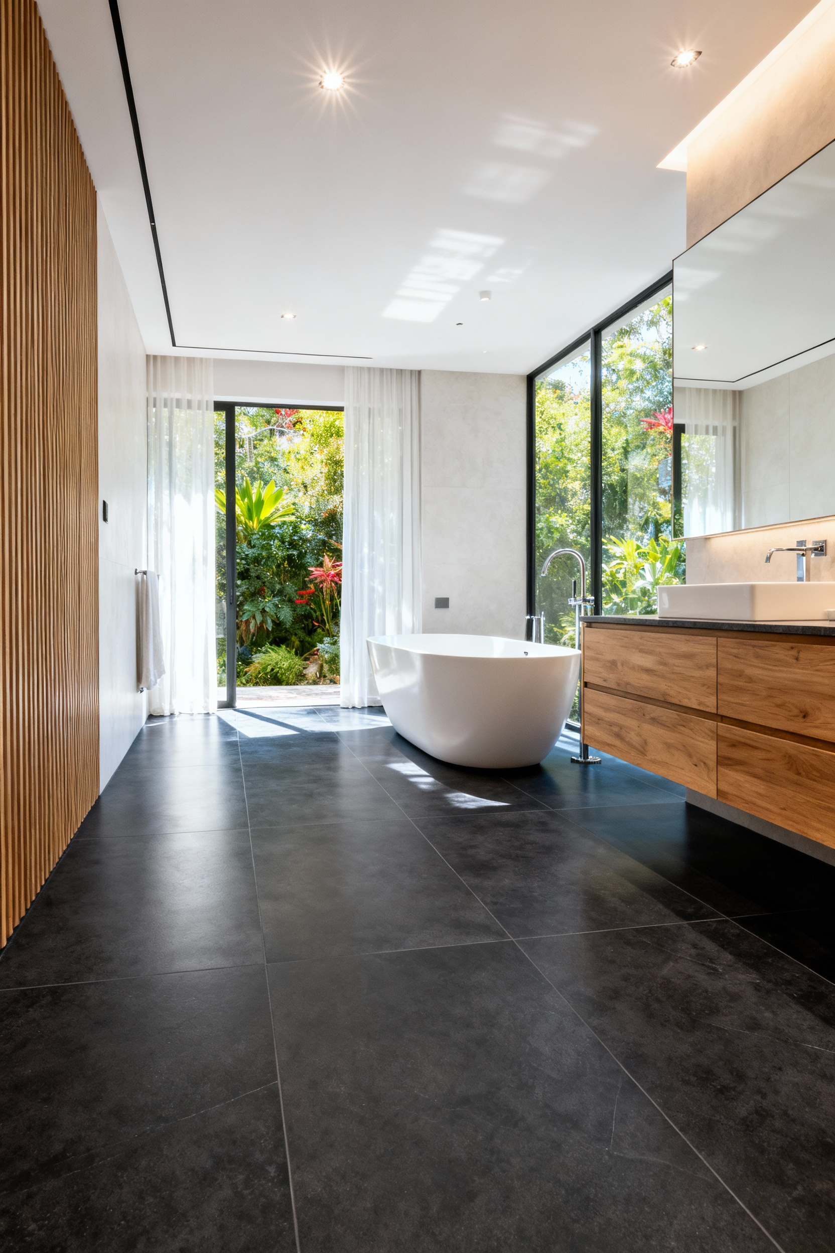 Architectural shot of large format, dense gray porcelain tiles in a modern bathroom, illustrating the non-porous durability achieved through vitrification.