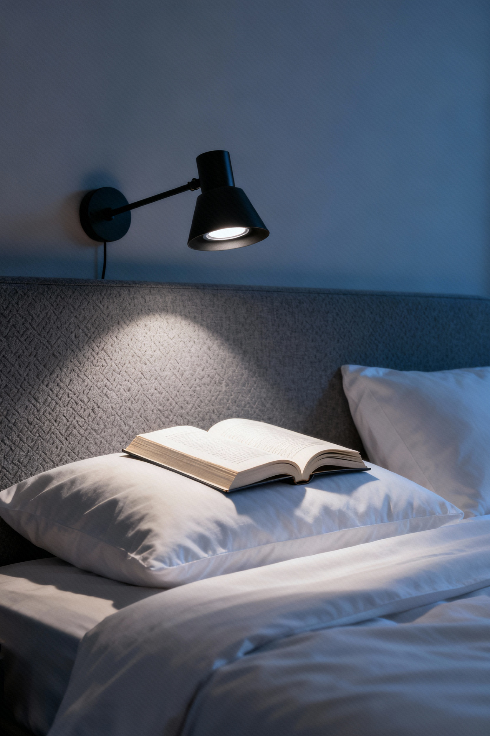 Glare-free recessed LED task light precisely illuminating an open book on a bed, showcasing engineering required for comfortable nighttime reading in a sophisticated bedroom setting.