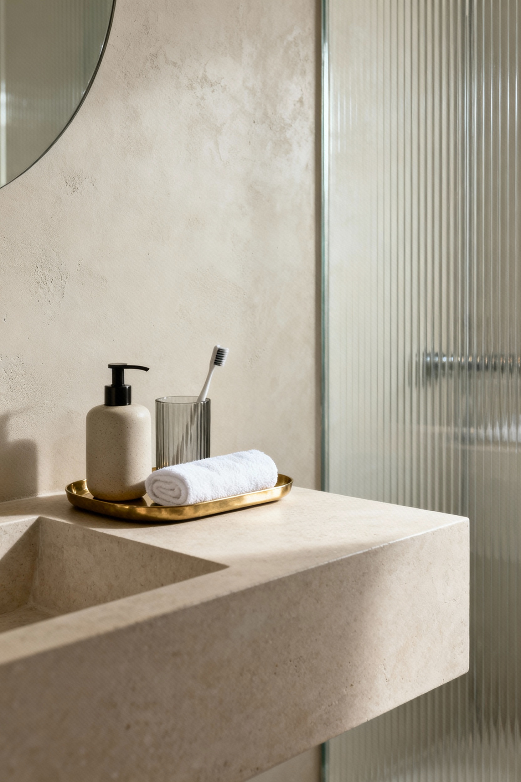 Minimalist bathroom vanity with curated vignette of a matte ceramic soap dispenser, polished brass tray, folded towel, and glass toothbrush holder, embodying refined accessorization in a serene, uncluttered space.