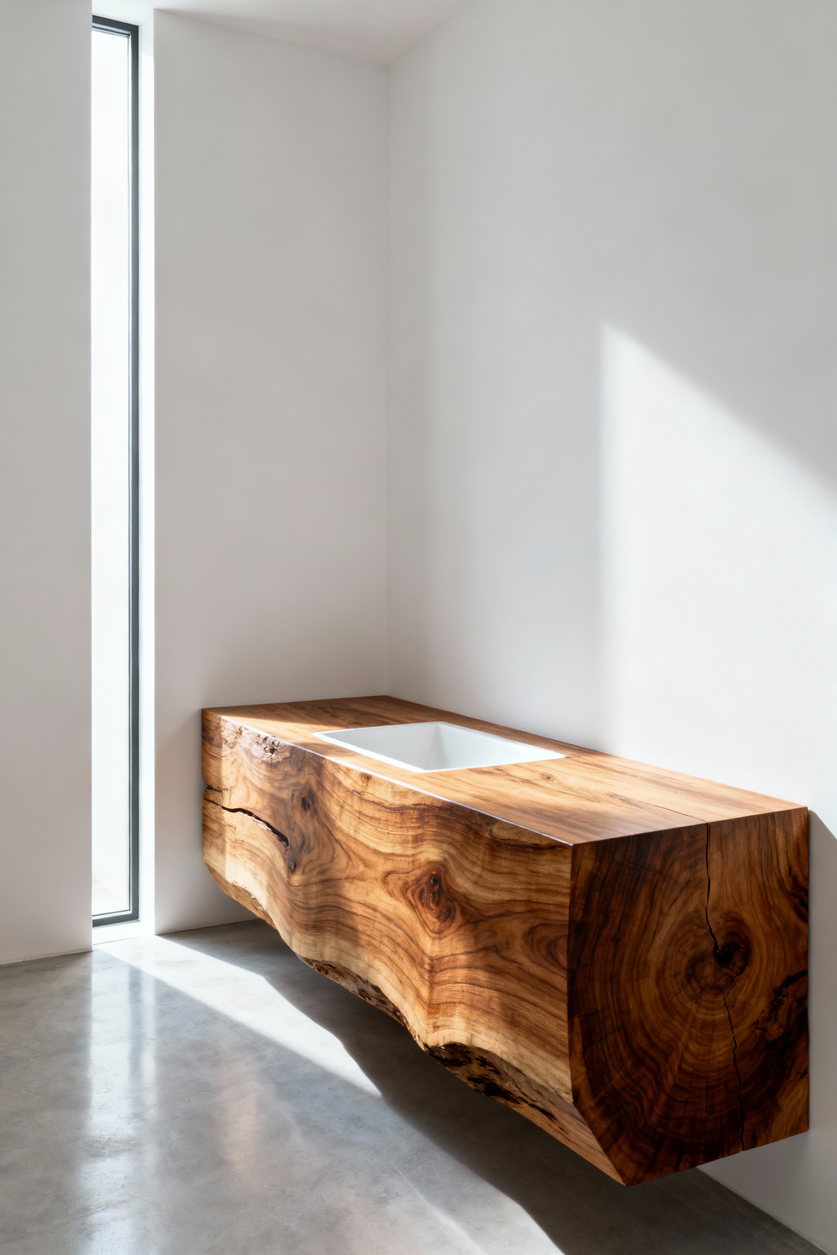 Minimalist bathroom with a large, perfectly sealed teak wood vanity slab, showcasing prominent grain patterns against clean white walls and polished light gray concrete floors, bathed in natural light.