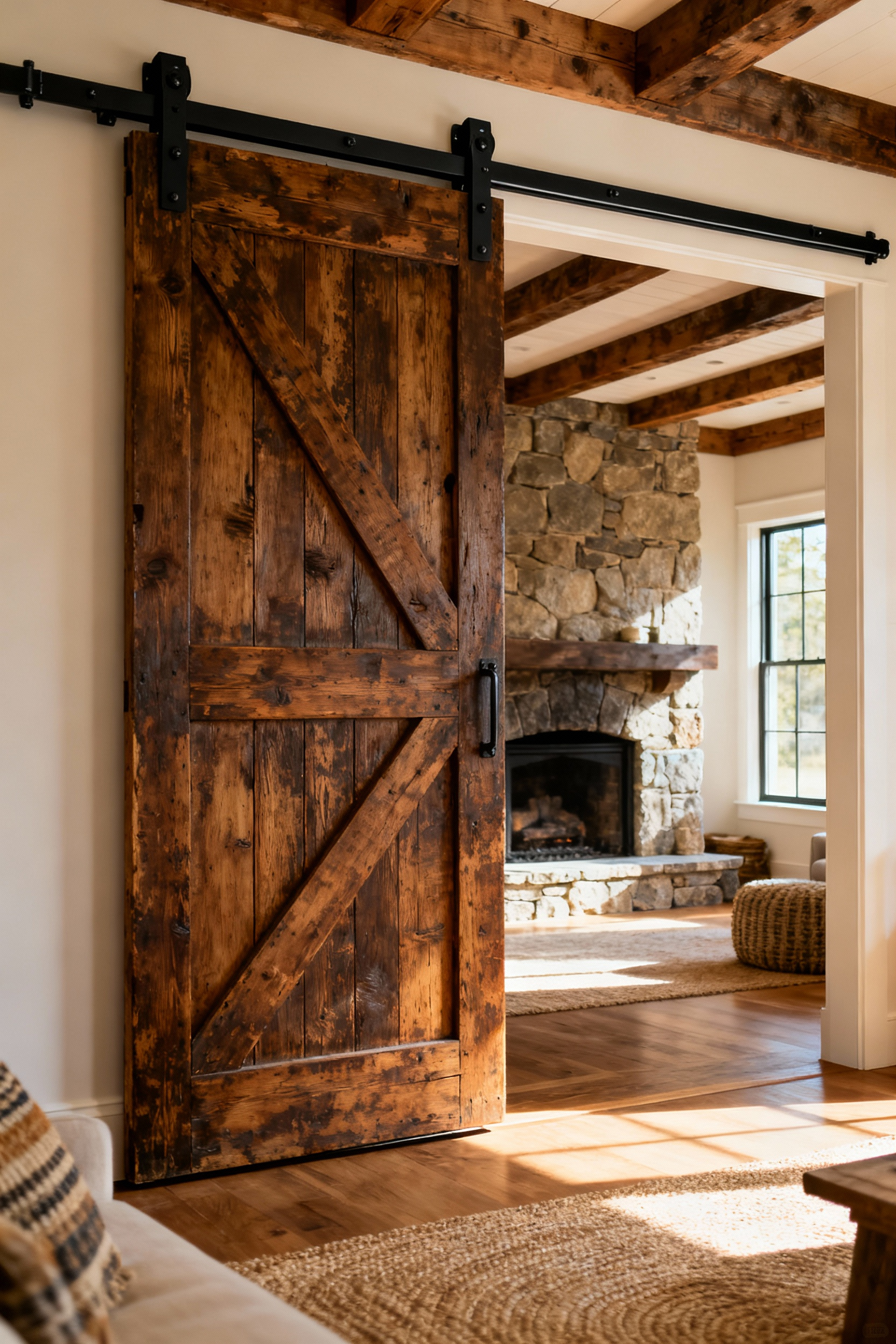 Rustic living room featuring a beautifully restored 19th-century oak barn door as a focal point, showcasing material reincarnation and historical depth, complemented by a stone fireplace and natural textures. No people, professional lighting.