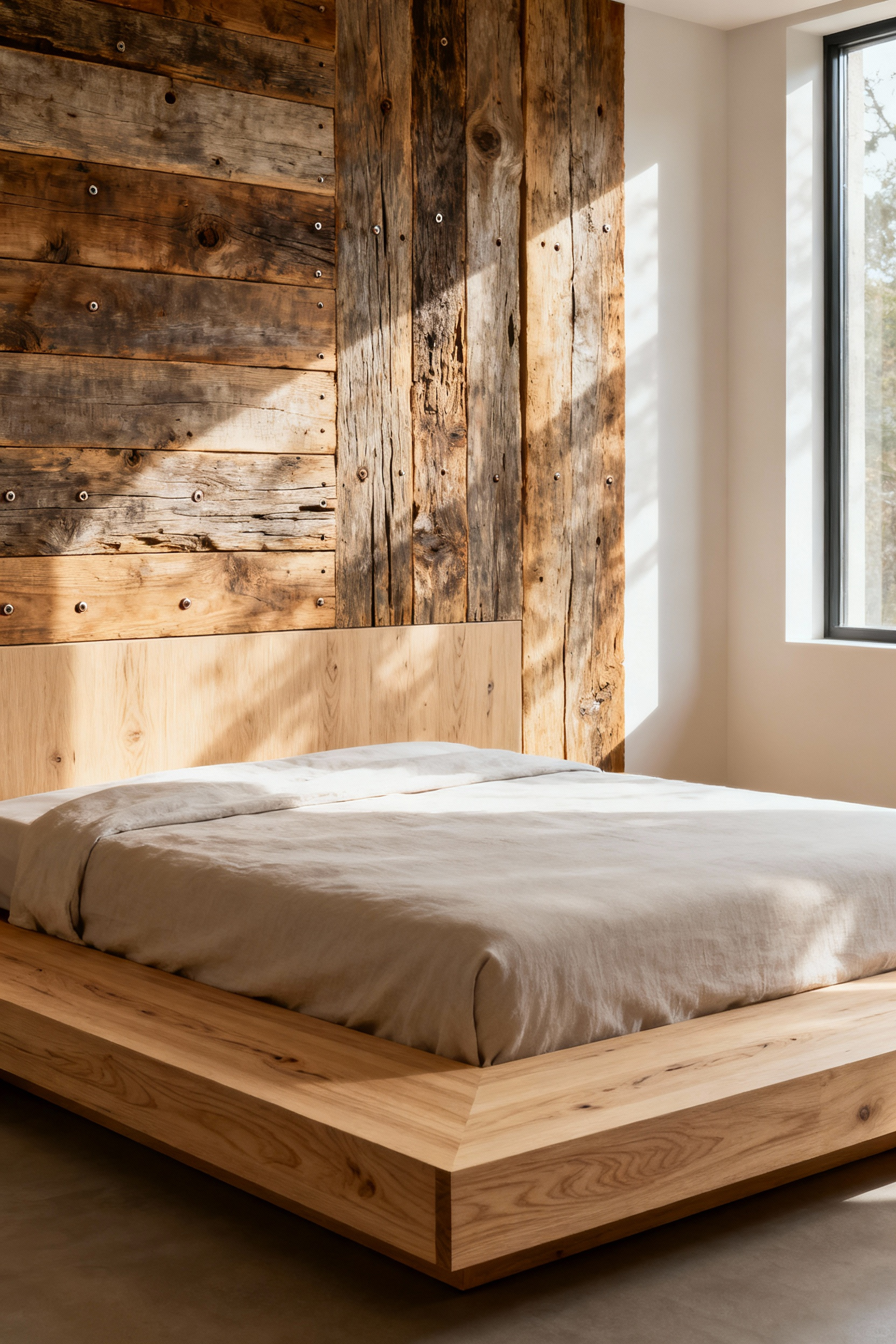 Modern bedroom featuring a platform bed made of sustainable white oak and a reclaimed Douglas Fir accent wall, emphasizing organic warmth.
