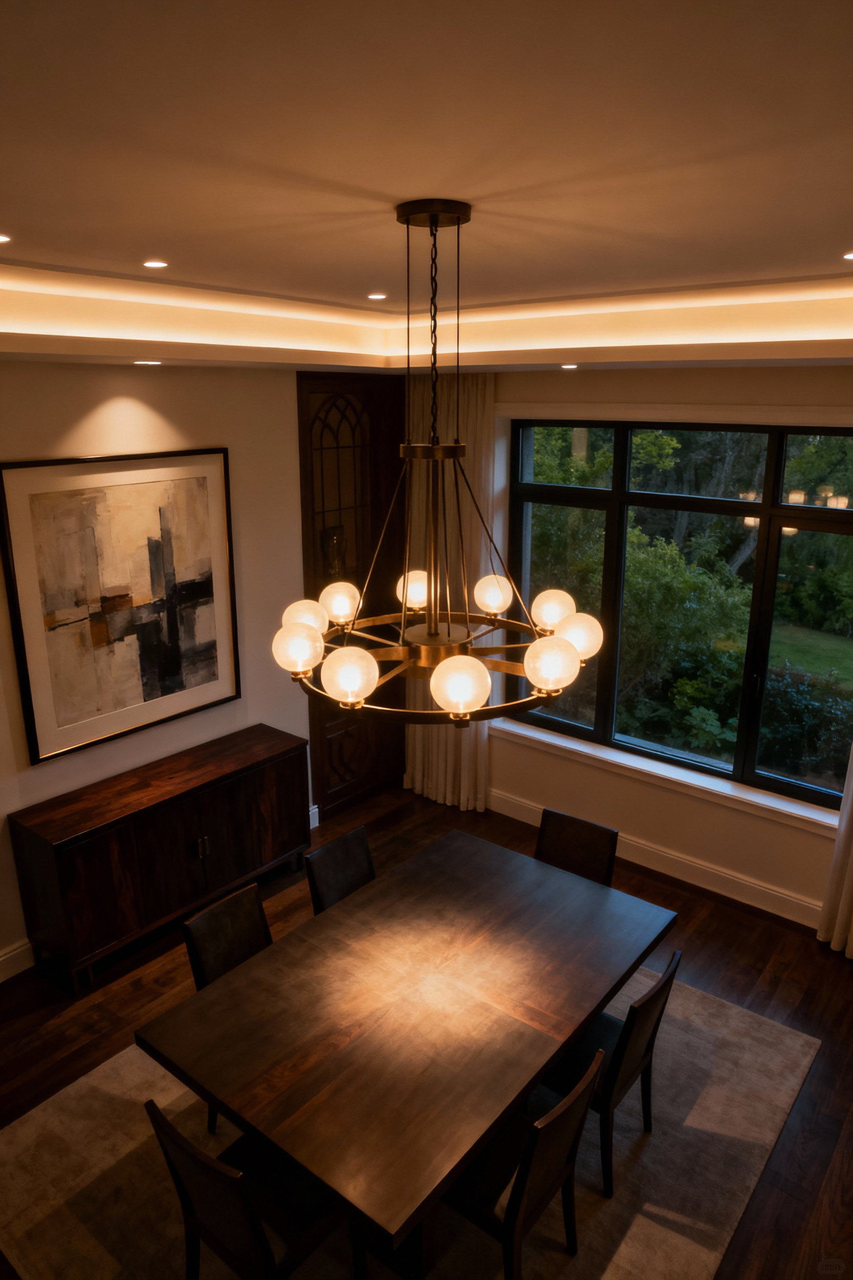 Luxurious dining room with bespoke lighting fixtures and a professionally designed custom lighting plan, showcasing elegant pendant lights over a large dining table and strategic recessed lighting for optimal ambiance.