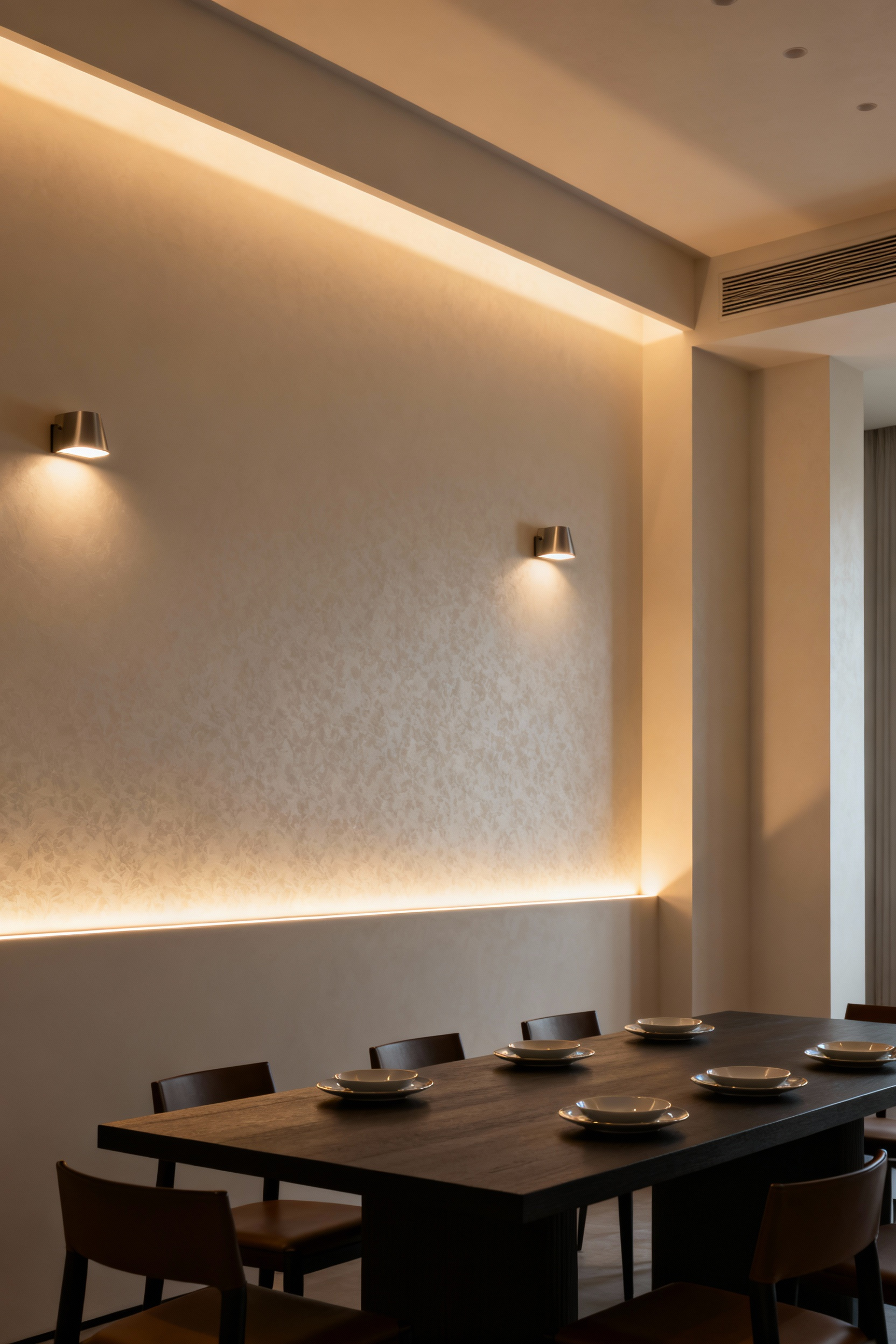 Elegant dining room with modern sconces and discreet uplighting enhancing wall texture and creating a sense of increased height and depth.