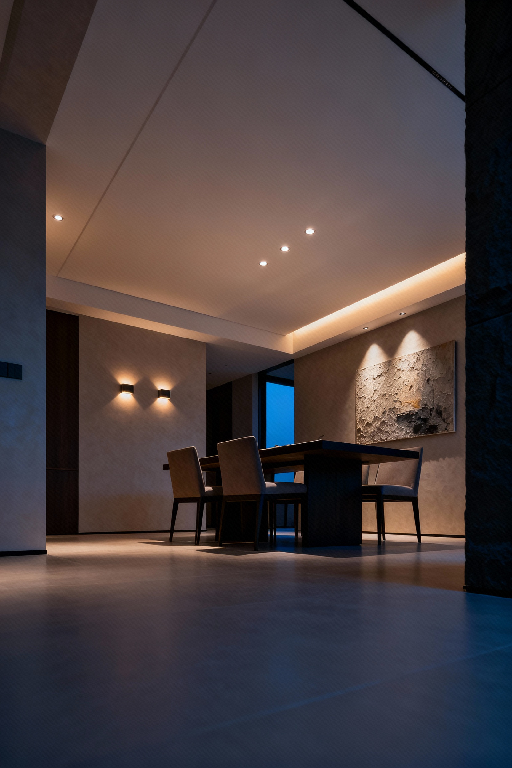 Elegant dining room at dusk with ambient and accent recessed lighting creating a warm and sophisticated atmosphere on the walls and furniture.