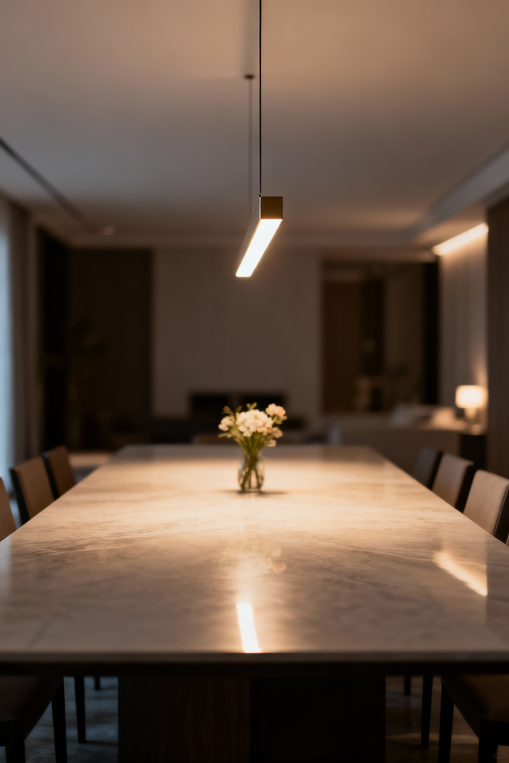 Elegant linear pendant light perfectly illuminating a rectangular dining table in a modern dining room