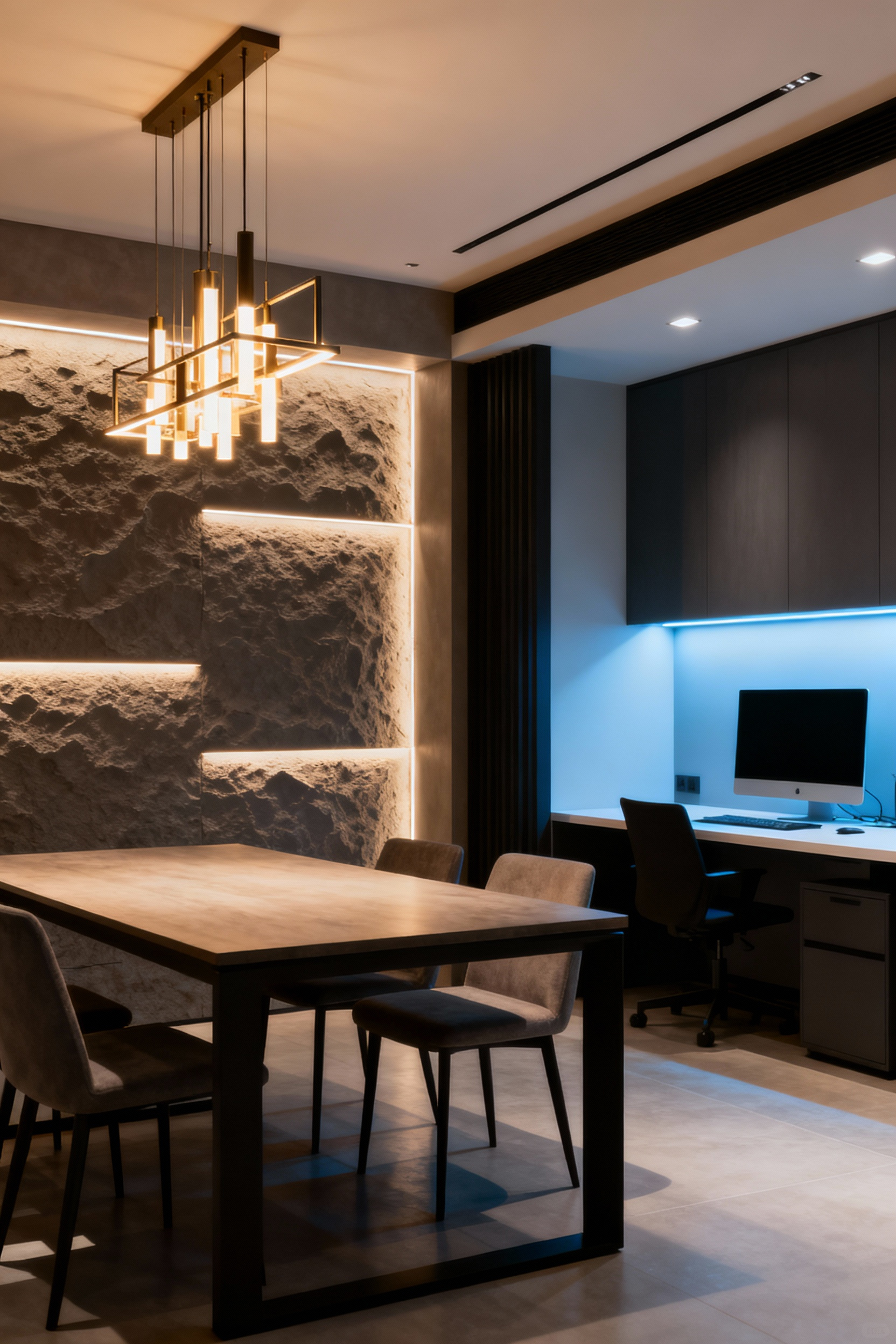 Multipurpose dining area with holistic layered lighting strategy, featuring ambient, task, and accent lights for adaptable illumination, modern interior design.