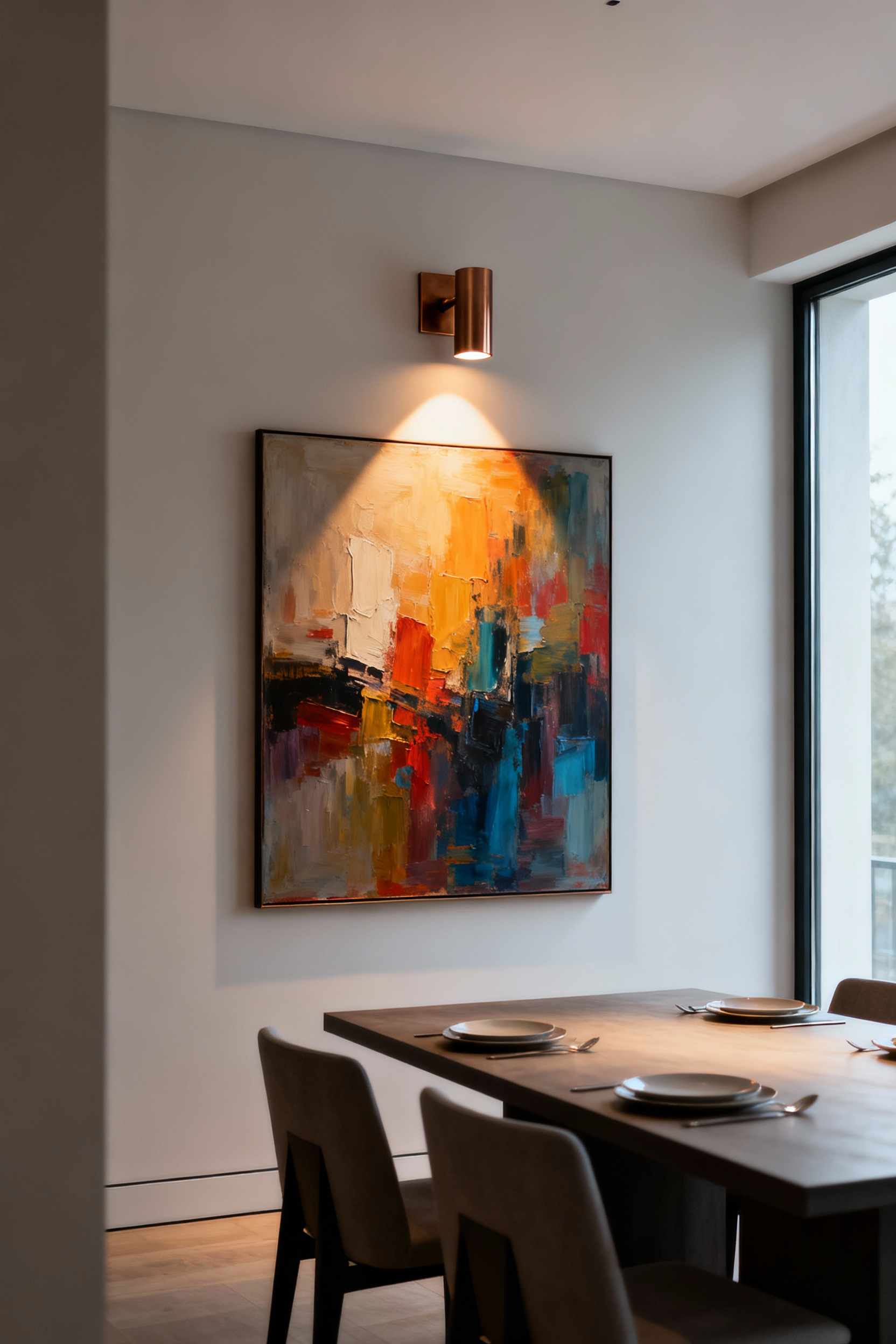 A contemporary dining room with an abstract oil painting illuminated by a bronze picture light, showcasing vibrant colors and textures.